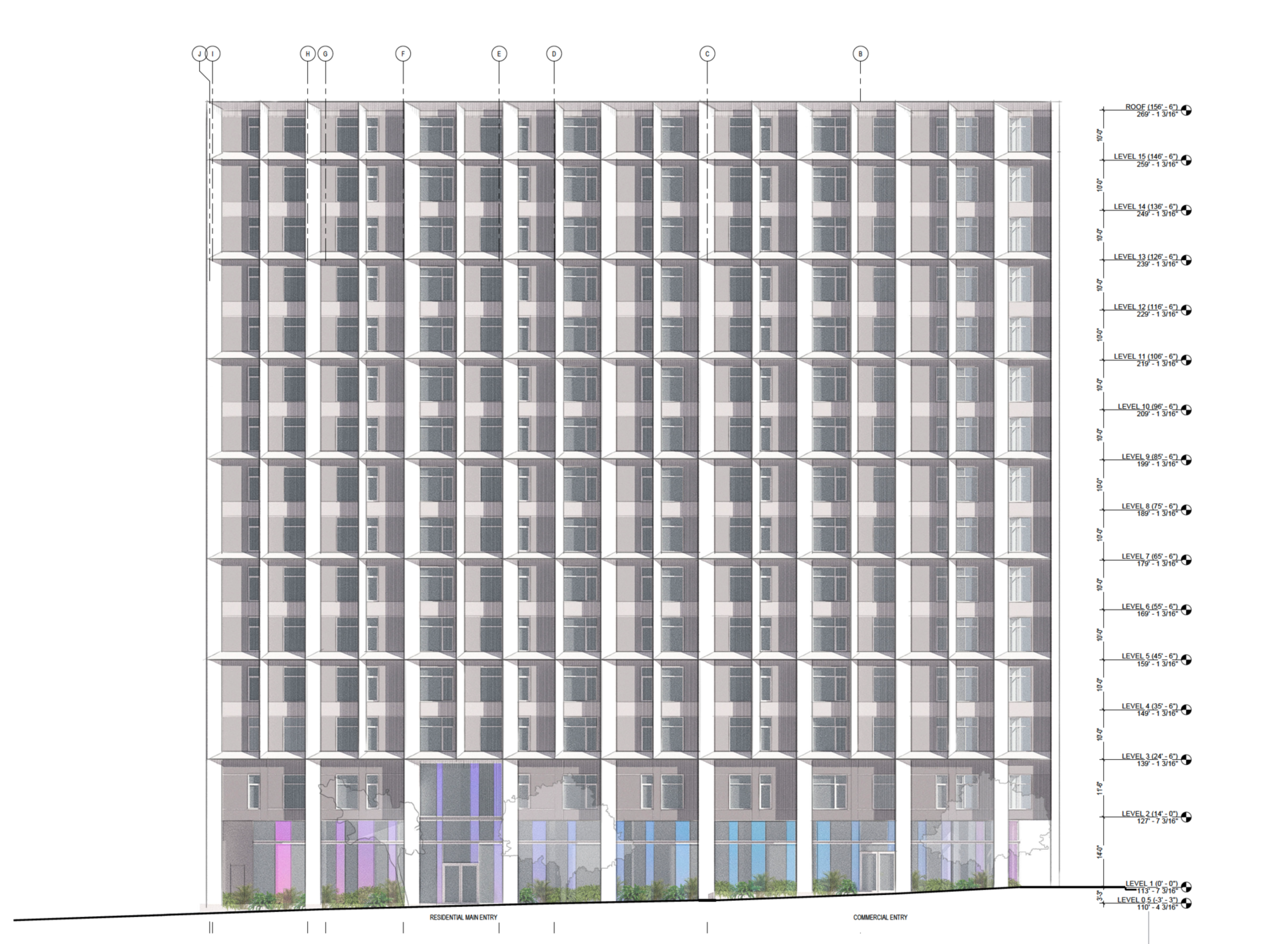 A multi-story building with a grid of vertically aligned windows, marked levels on the right, ground floor colorful panels, and two labeled entry points.