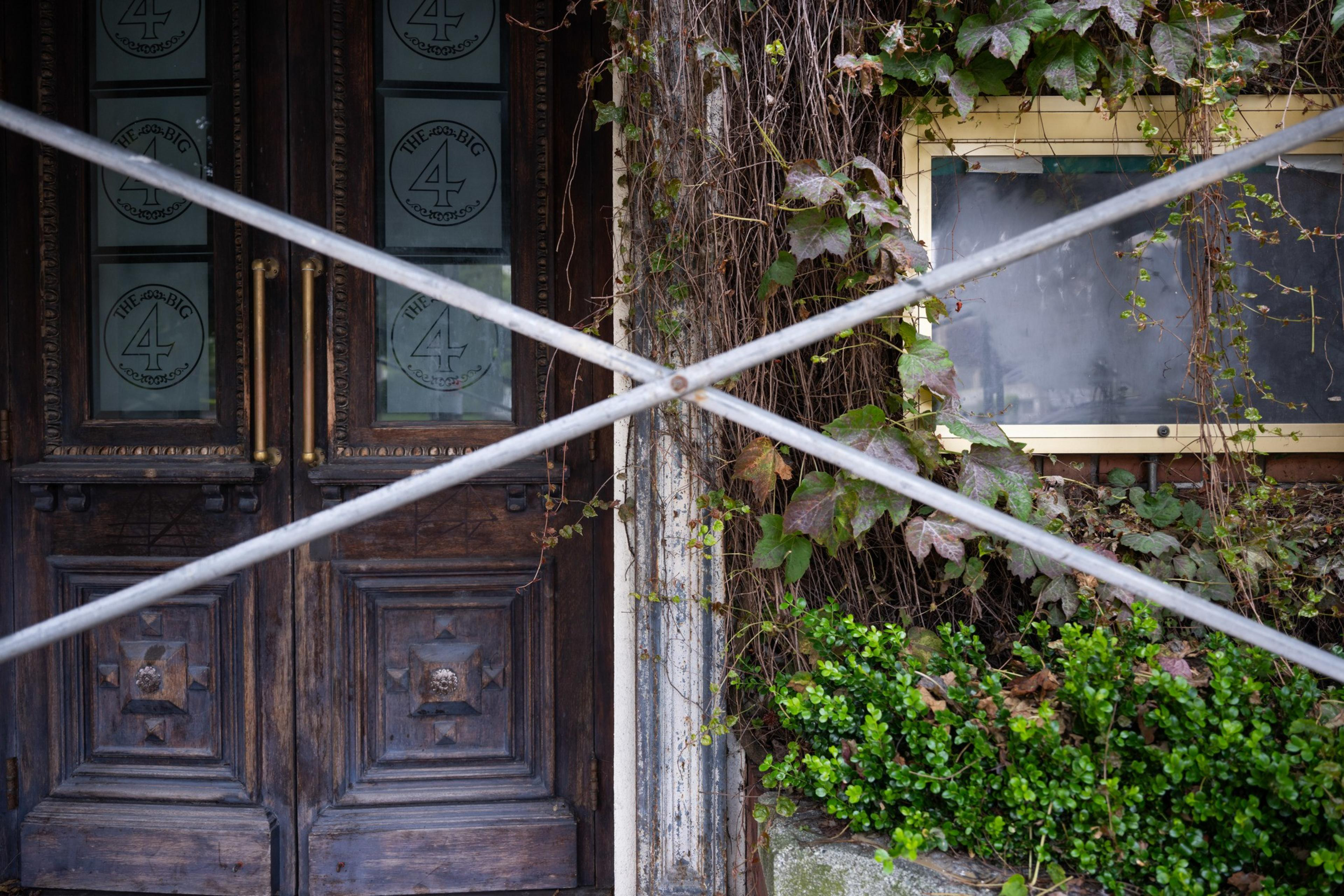 The image shows a rustic wooden door with &quot;The Big 4&quot; etched on its glass panels, partially covered by intersecting metal bars. Dense, ivy-like vines and green foliage surround the doorway.