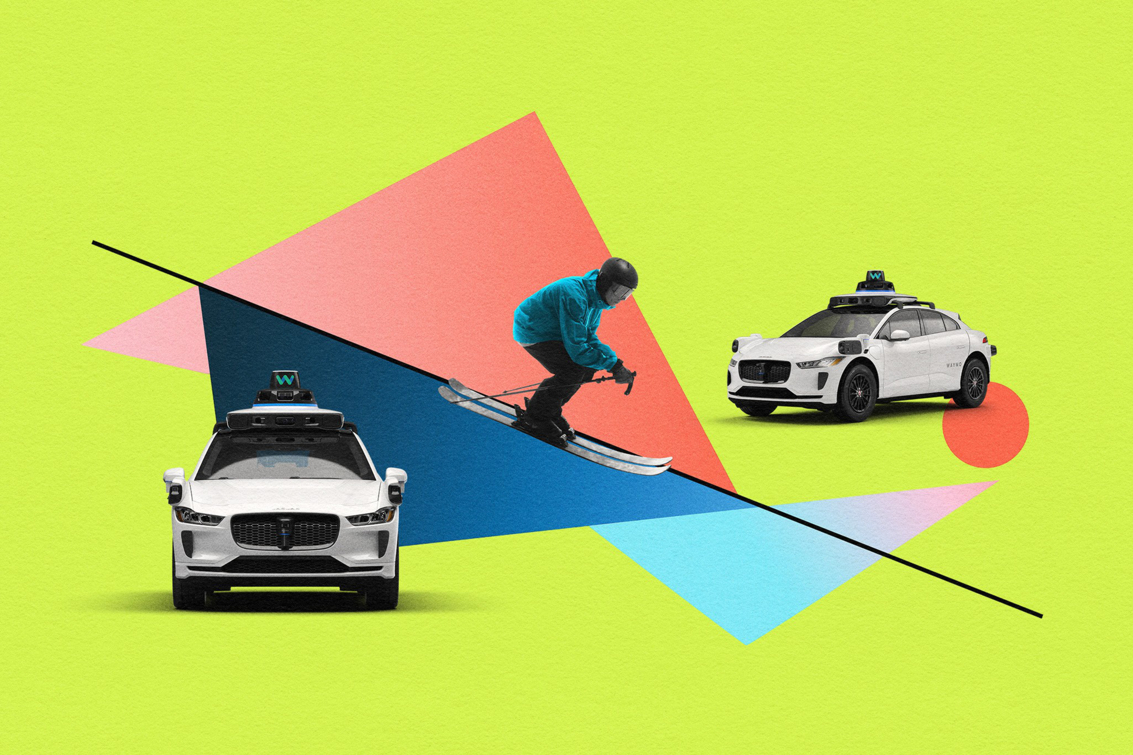 A skier in a blue jacket is skiing downhill between two white autonomous cars, set against colorful geometric shapes on a green background.