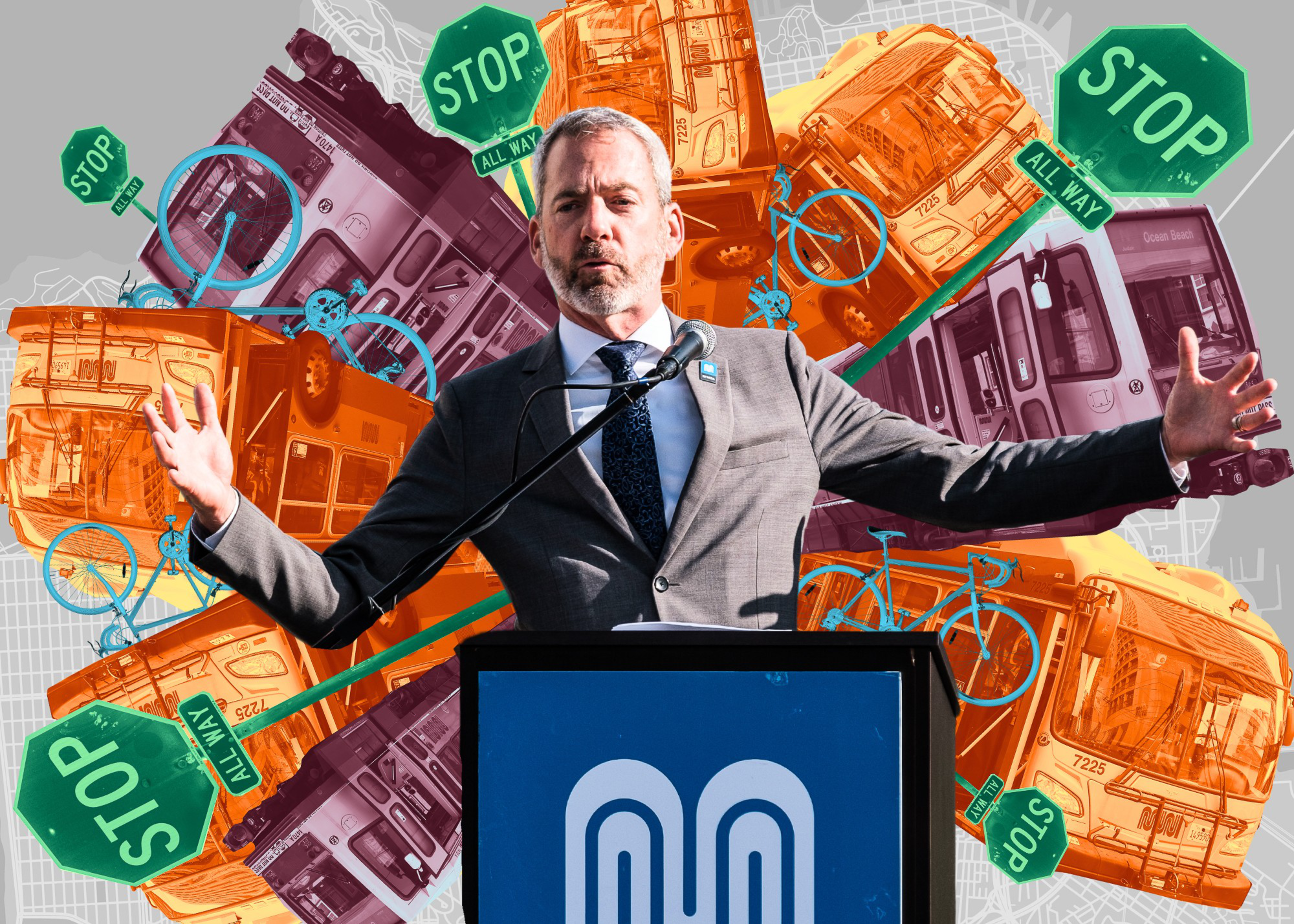 Jeff Tumlin in a suit speaks at a podium, arms outstretched. Behind him, there’s a collage of buses, bicycles, stop signs, and a city map. Jeff Tumlin in a suit speaks at a podium, arms outstretched. Behind him, thereâ€™s a collage of buses, bicycles, stop signs, and a city map.