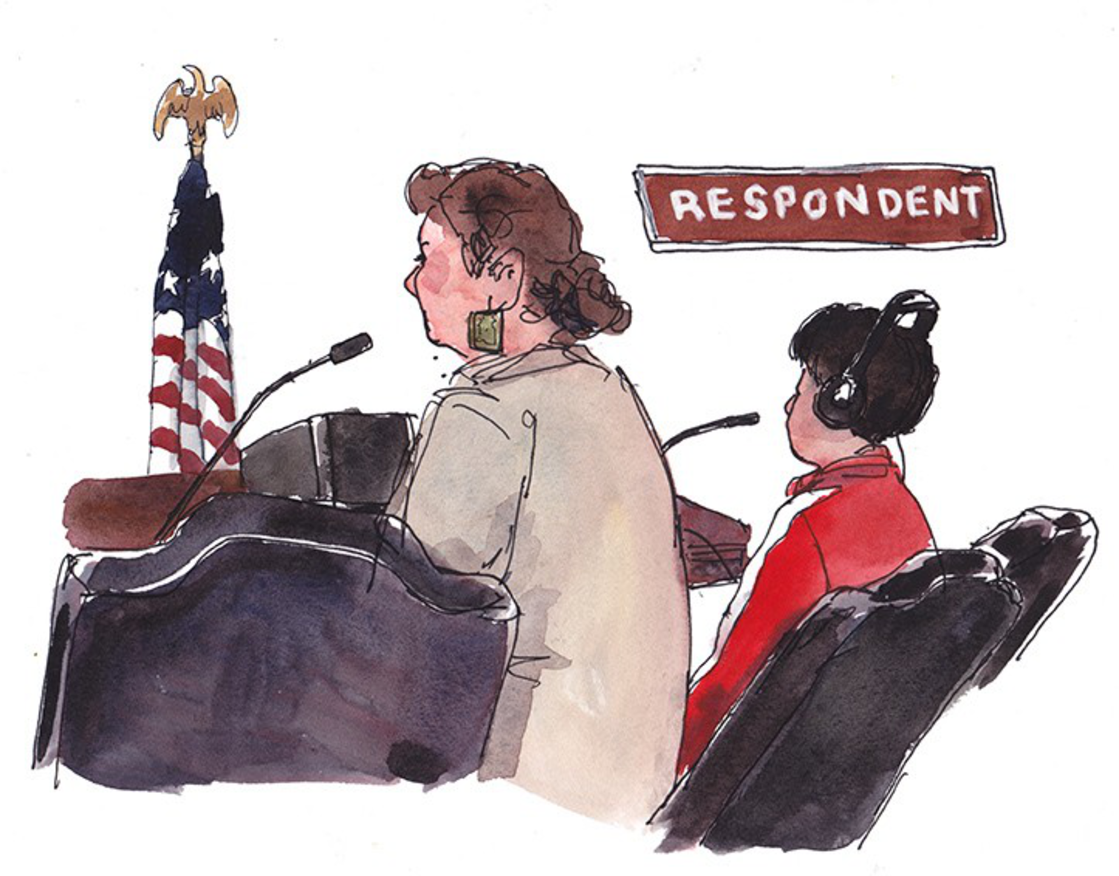 A woman and a child wearing headphones sit at a respondent's table with microphones, an American flag, and an eagle displayed nearby.