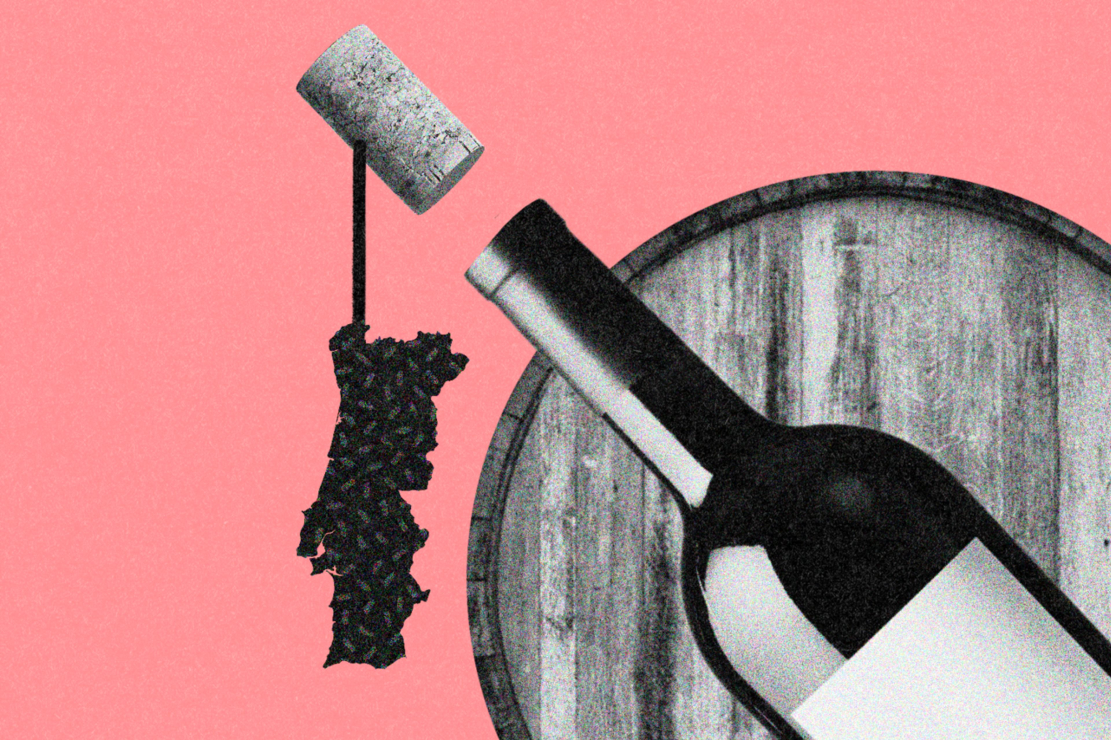 A wine bottle lies sideways over a wooden barrel on a pink background. Grapes and a cork are connected to the bottle with angular lines.