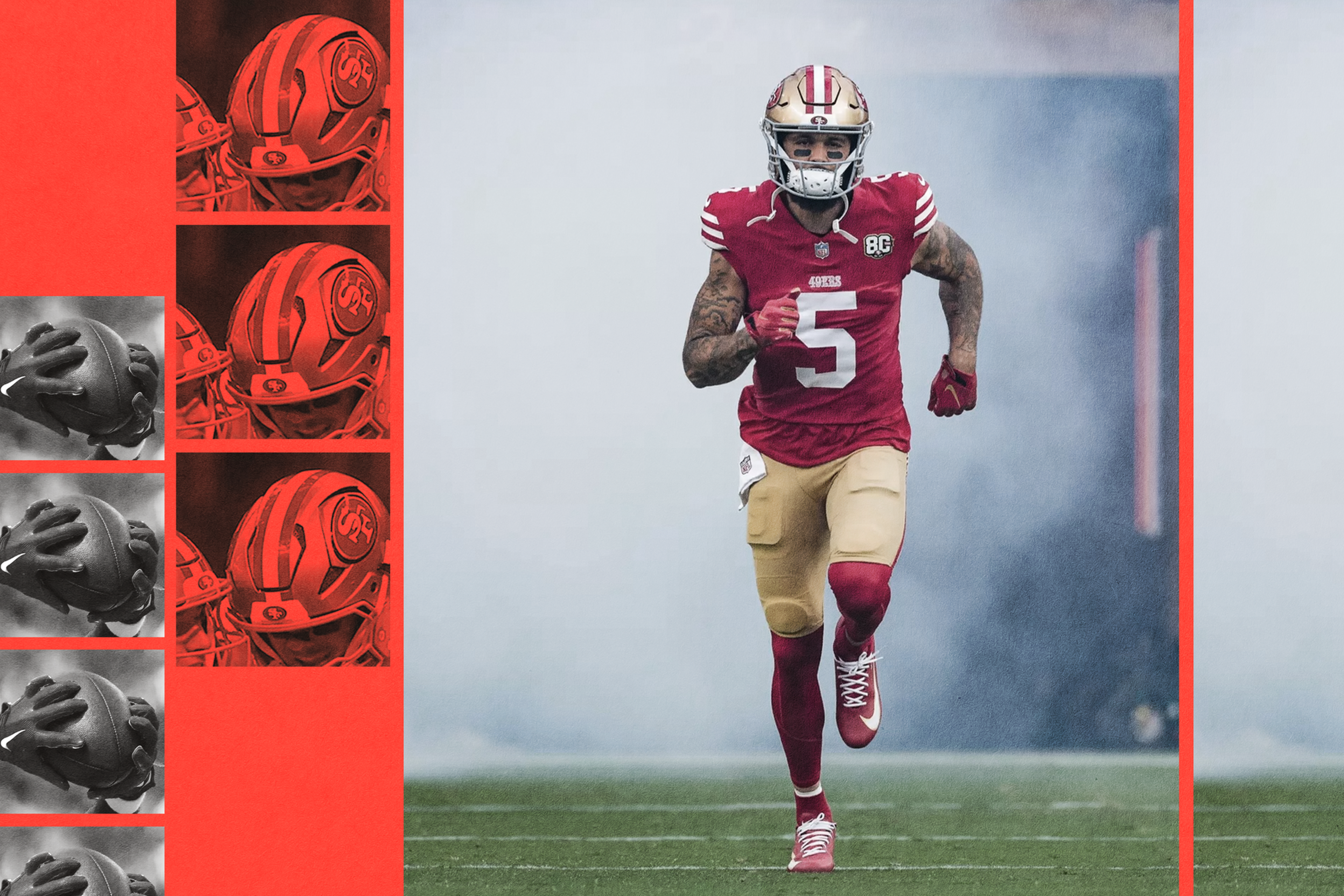 A football player in a red and gold uniform, number 5, runs forward on a green field with smoke rising behind him.