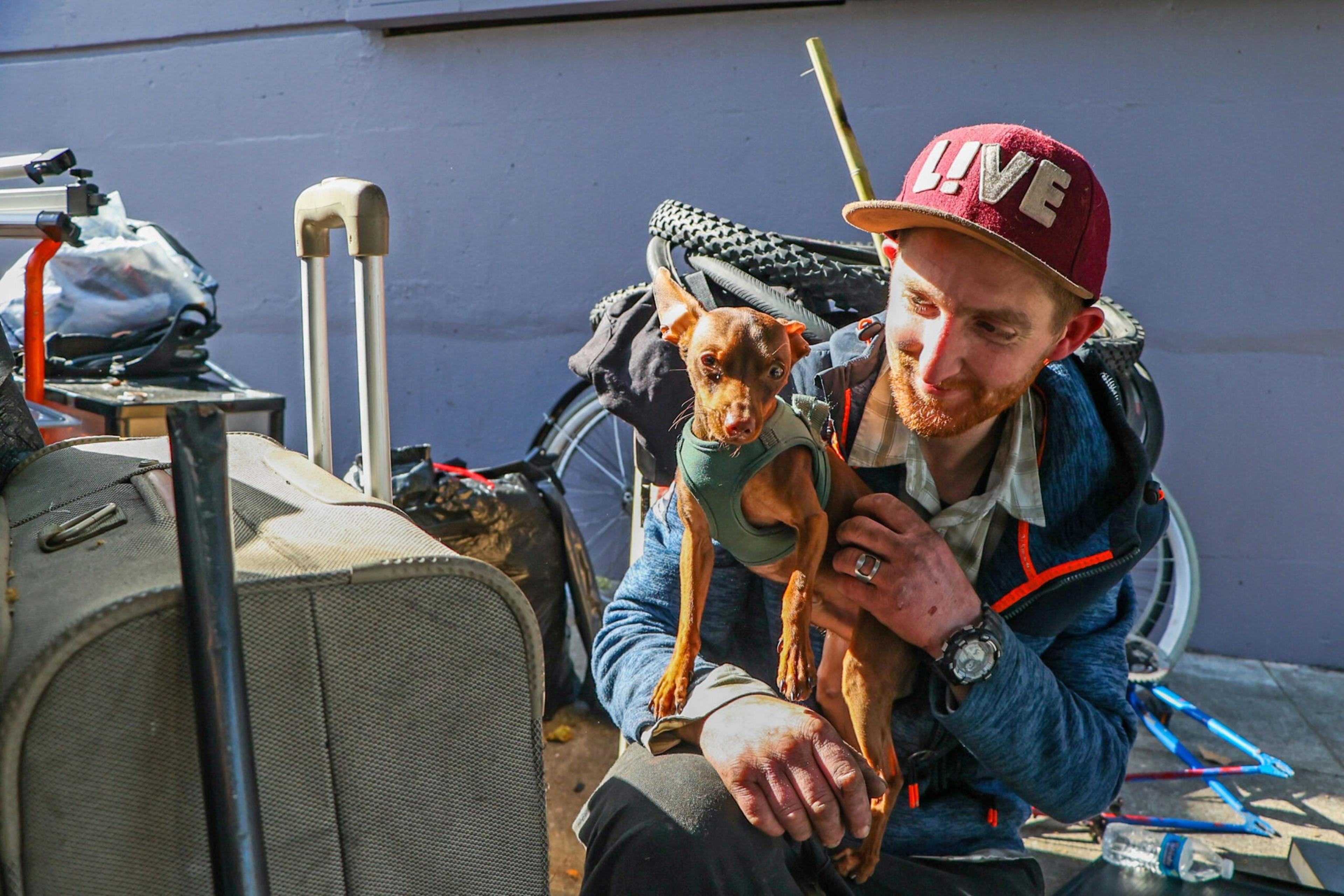 A man wearing a red cap and blue jacket holds a small dog wearing a green harness, surrounded by luggage and a partially disassembled bicycle.