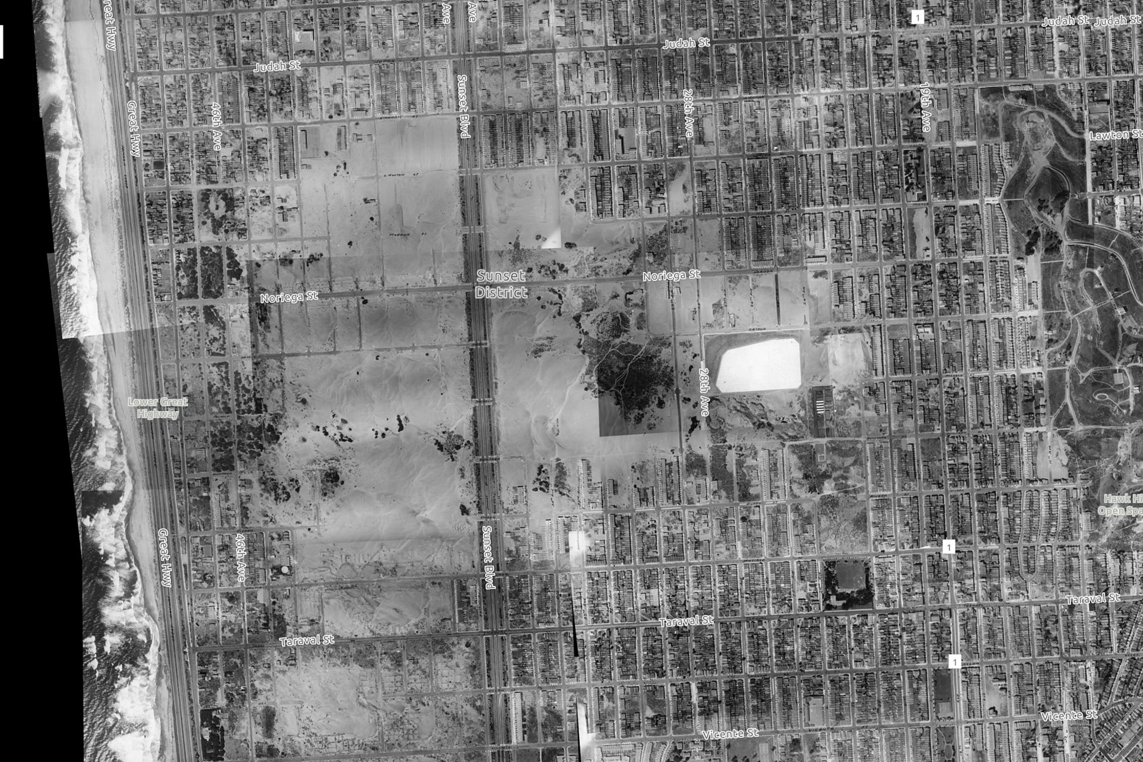 An aerial view of the residential area in San Franciscoâ€™s Outer Sunset in 1938.