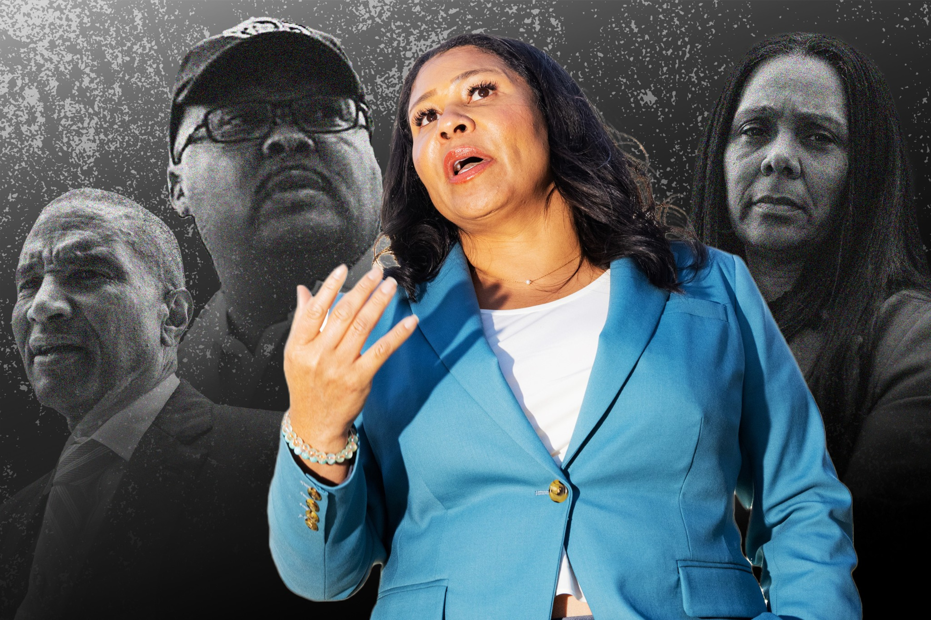 A photo illustration with three people's faces in black and white behind a woman depicted in full color, wearing blue: Mayor London Breed.