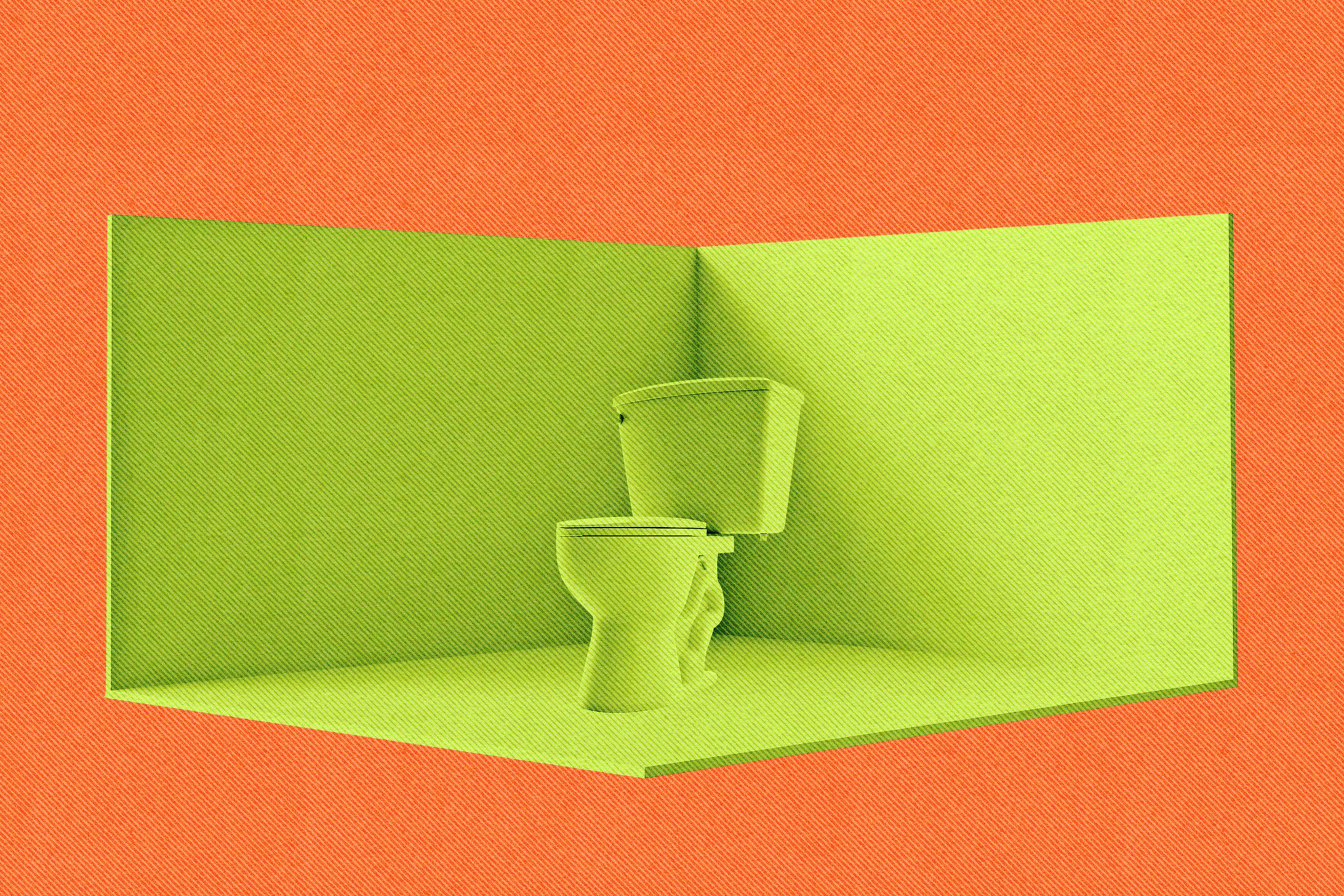 A lime green toilet sits in a corner of a matching lime green room, contrasted against a bright orange background.