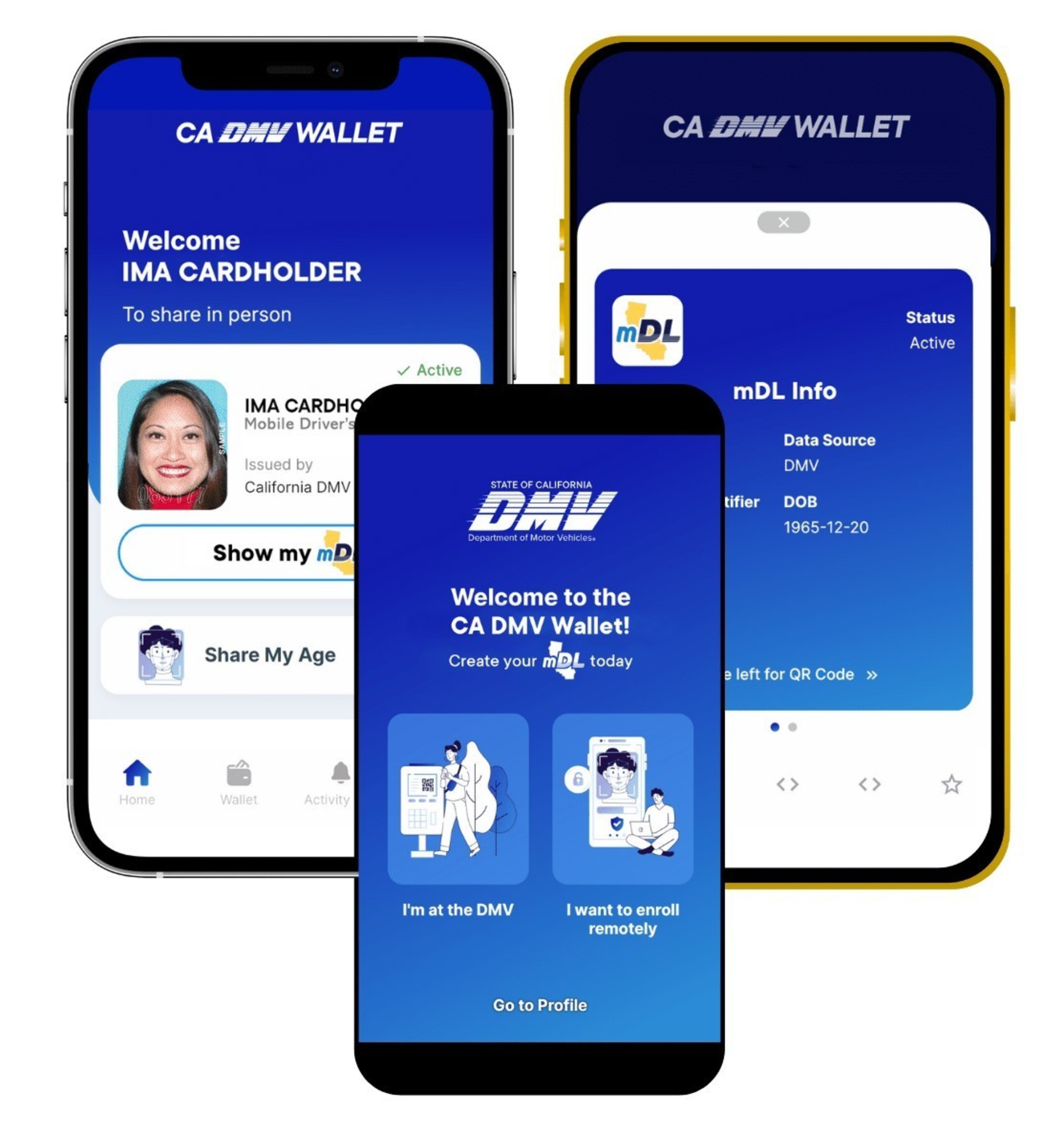 Screenshots of a phone showing a blue background and drivers license info