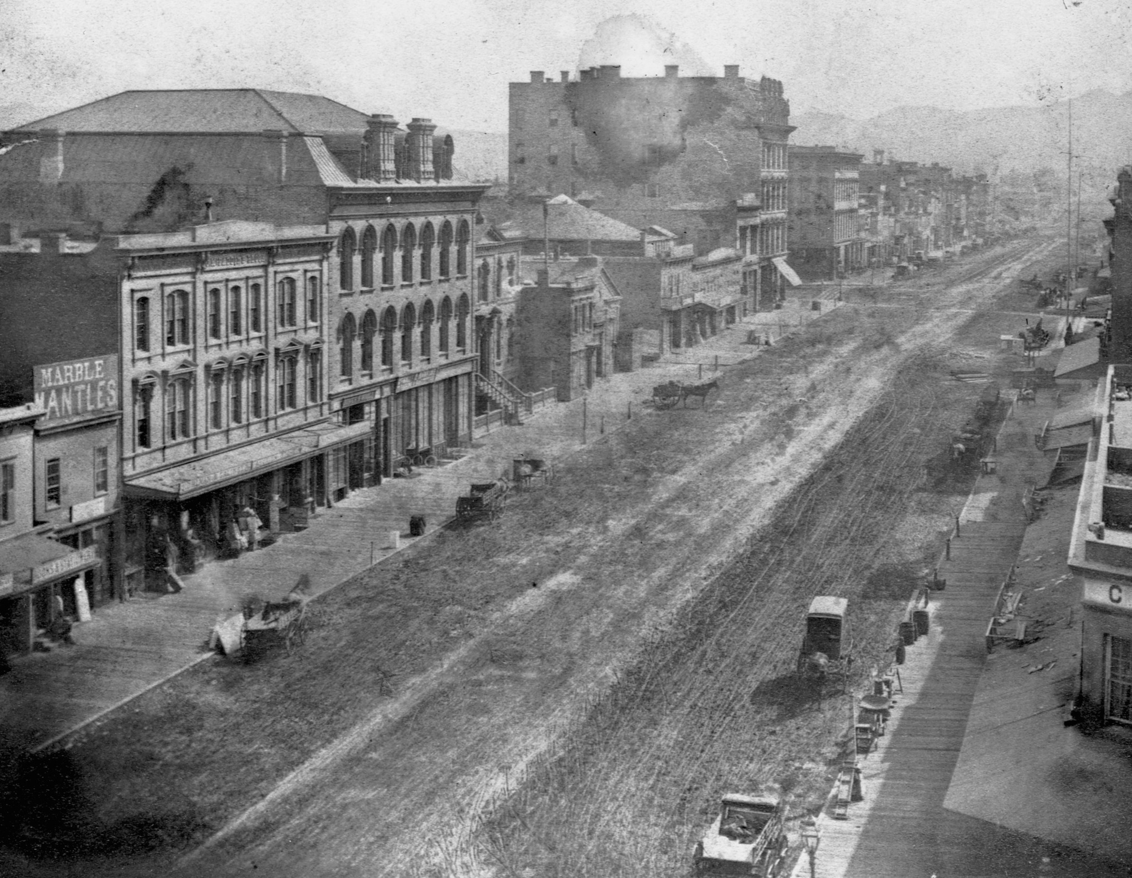An archival photos of Market Street from an aerial position.