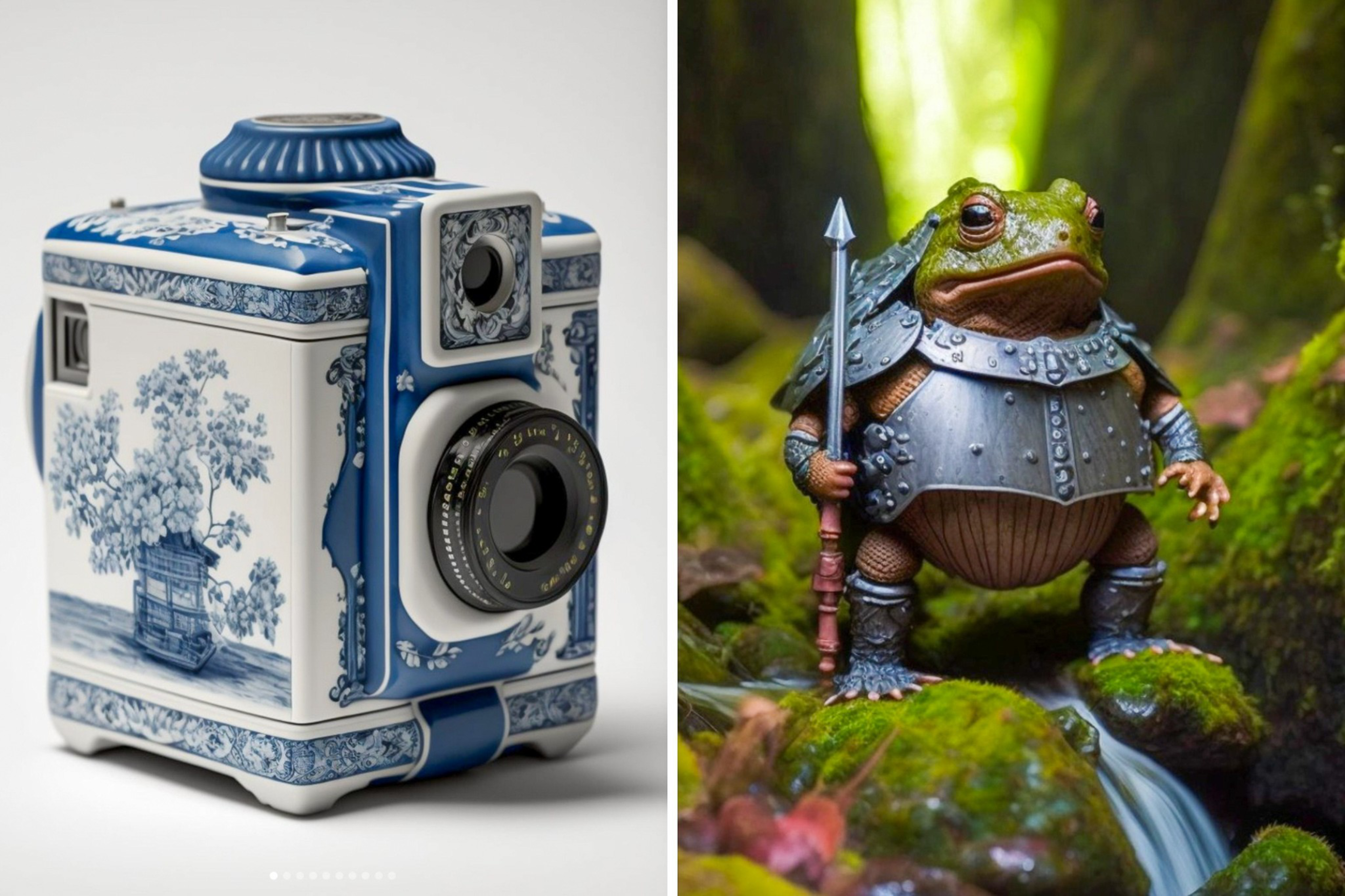 A ceramic vintage camera decorated with blue floral motifs stands next to a frog dressed as a medieval knight holding a spear in a mossy forest.