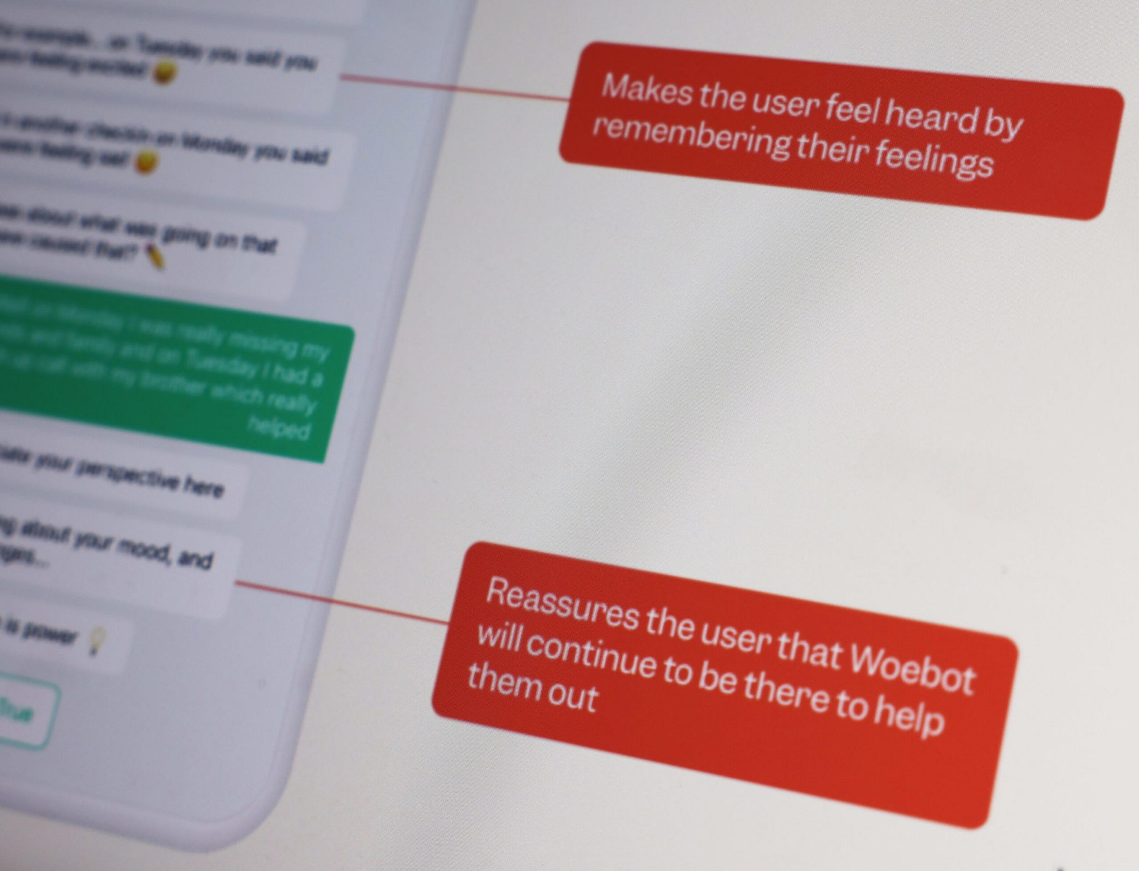 Text highlights explain that Woebot makes users feel heard by remembering feelings and reassures them it will continue to provide support.