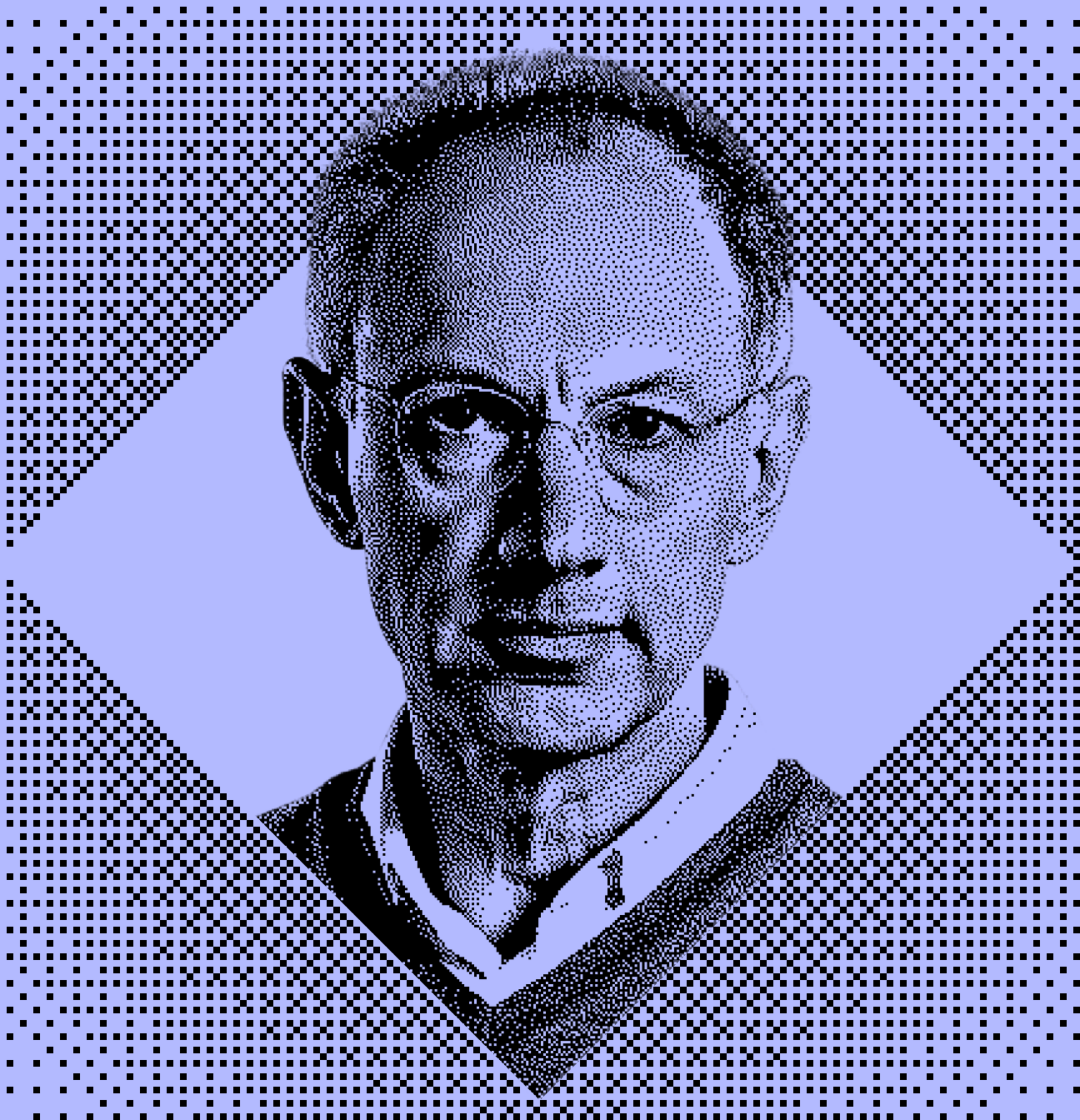 The image is a stylized portrait of a person with a serious expression. It uses a dot pattern effect and is framed by a diamond shape on a blue background.