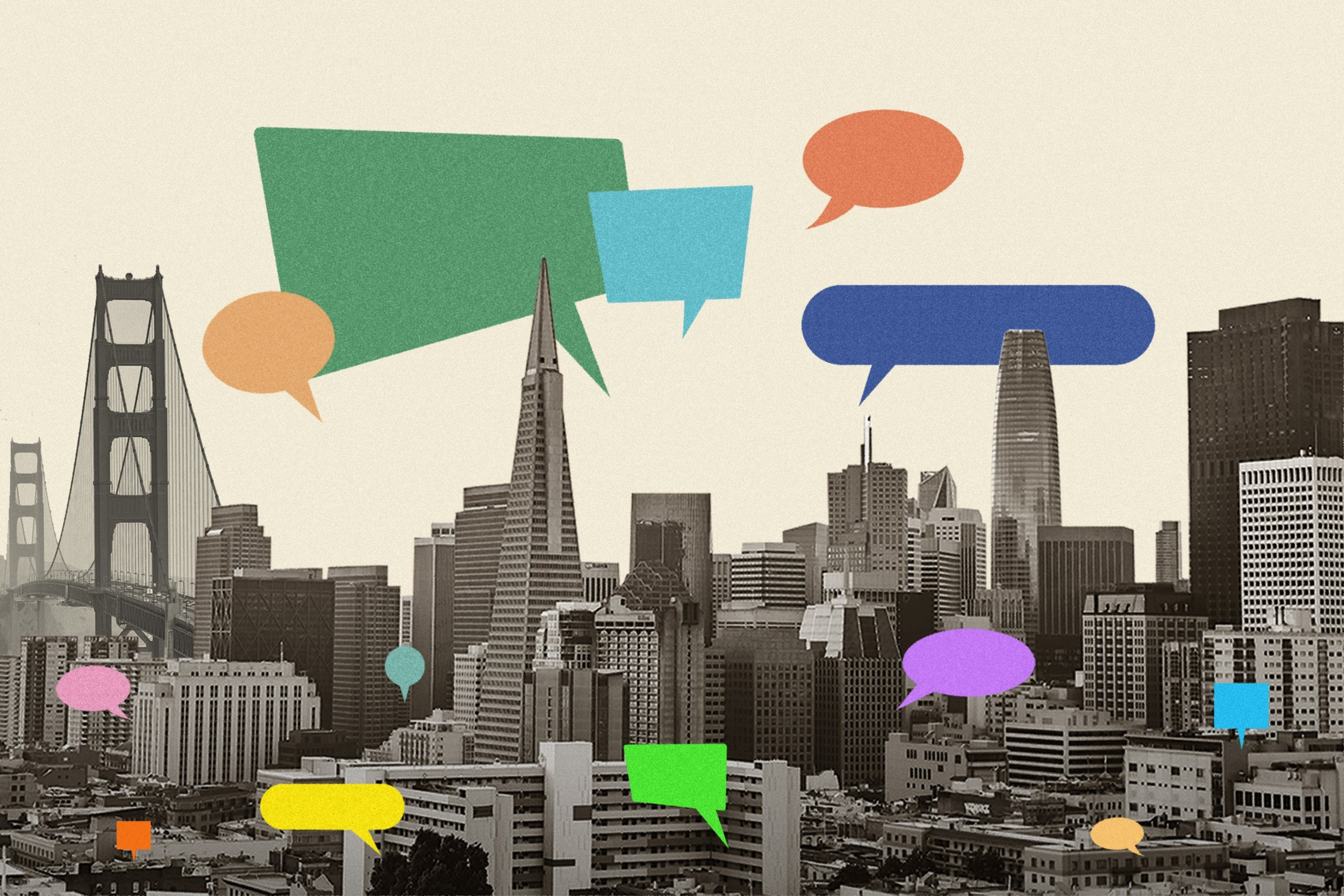 A illustration that includes a range of colorful speech bubbles in different sizes overlayed on a black and white photo of San Francisco skyline that includes the Transamerica Pyramid, Golden Gate Bridge and Salesforce Tower