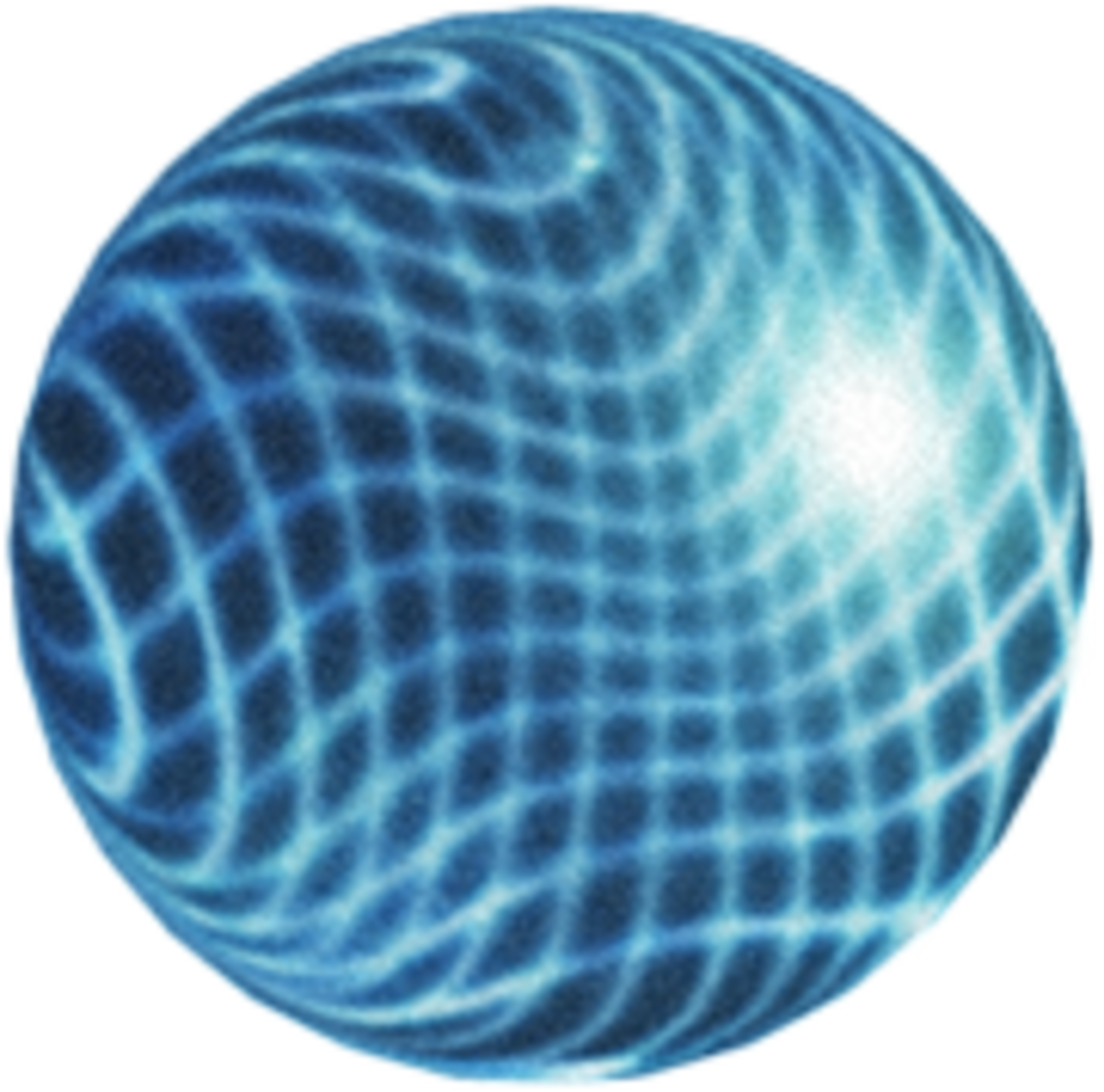 A glowing blue sphere with a grid-like pattern warped into spirals and a bright light spot on the upper right side.