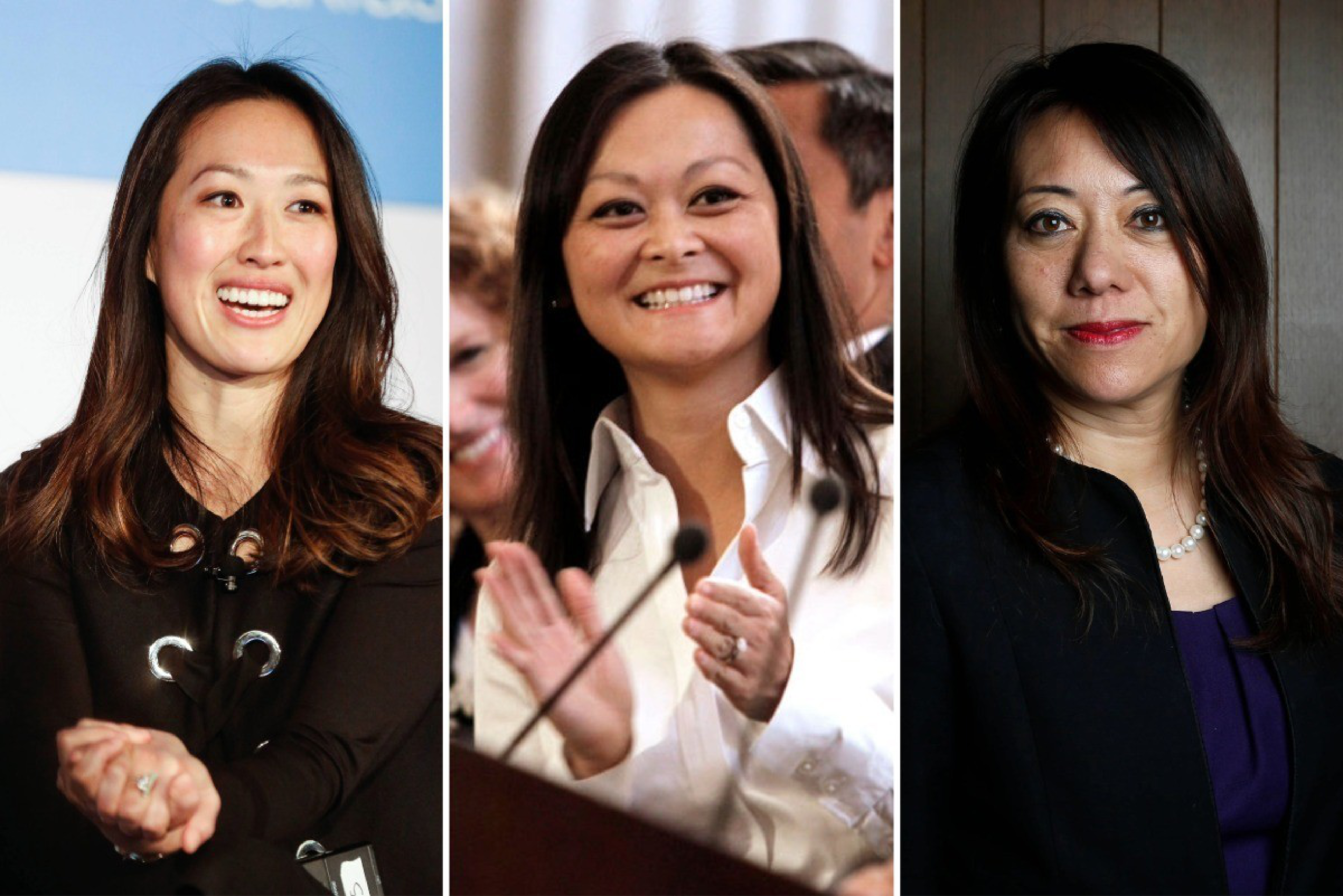 Three women with dark hair are featured; the first is smiling widely with clasped hands, the second is clapping and smiling, and the third has a serious expression with red lipstick.