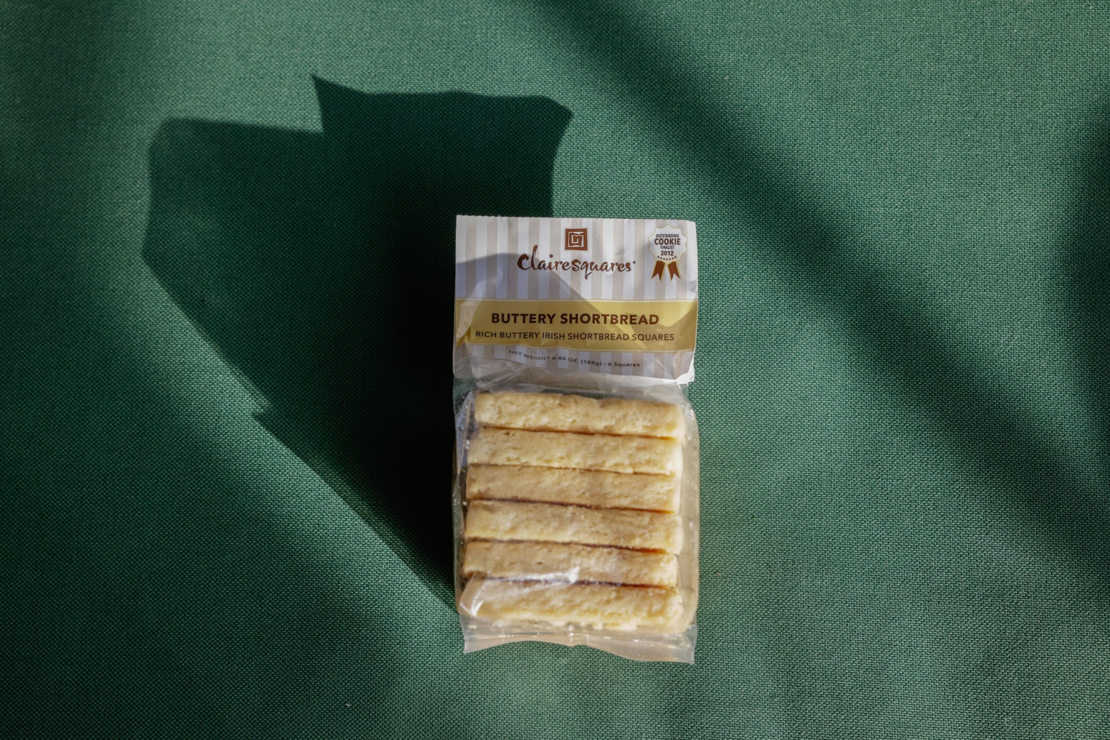 A top-down product shot Clairesquares buttery shortbread.