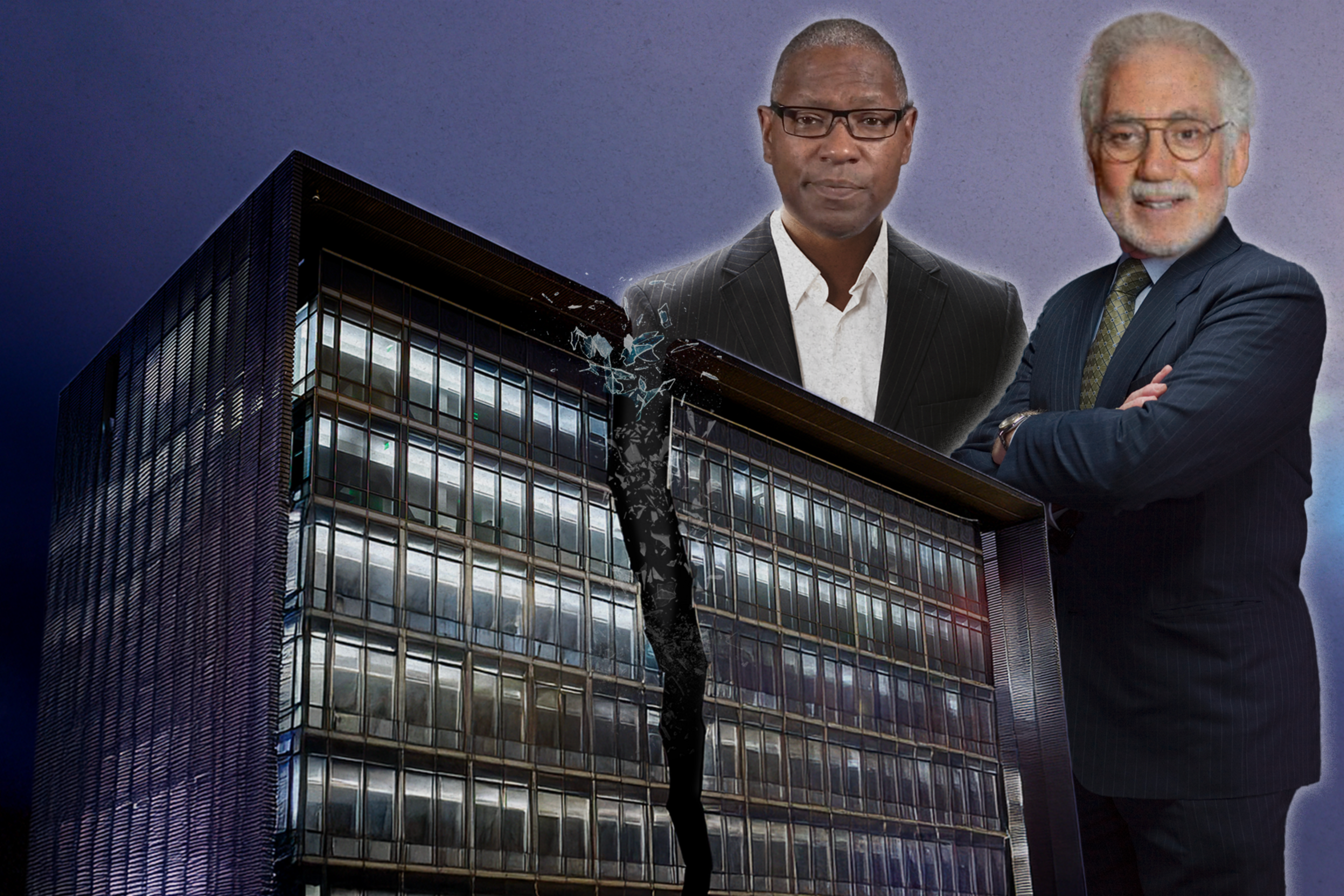 Two men in suits stand over a cracked office building. The building is dark with lights on inside, set against a dusky sky.