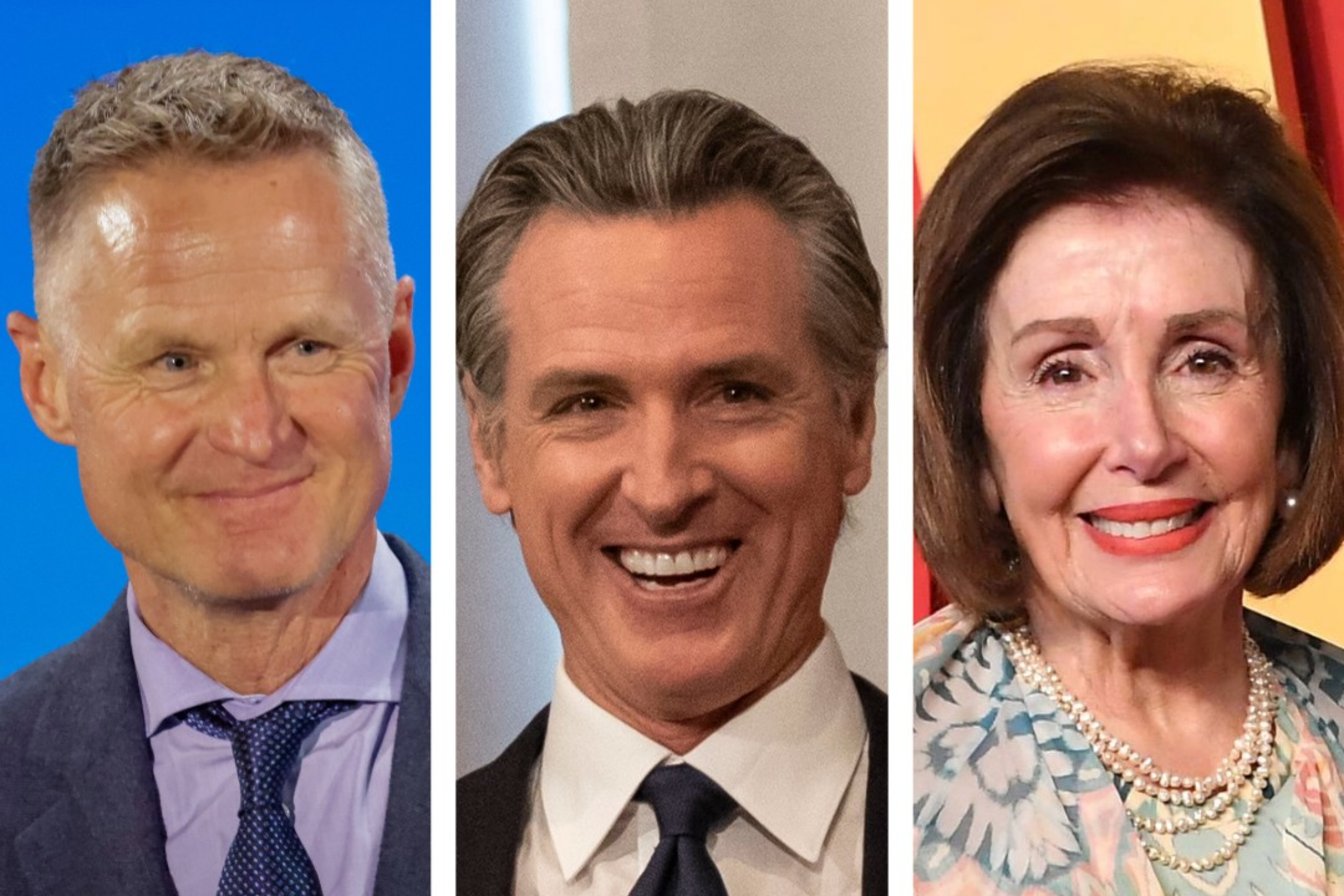 The image features three smiling individuals: a man in a suit with a blue tie on the left, another man in a suit with a dark tie in the center, and a woman in a colorful outfit with pearls on the right.