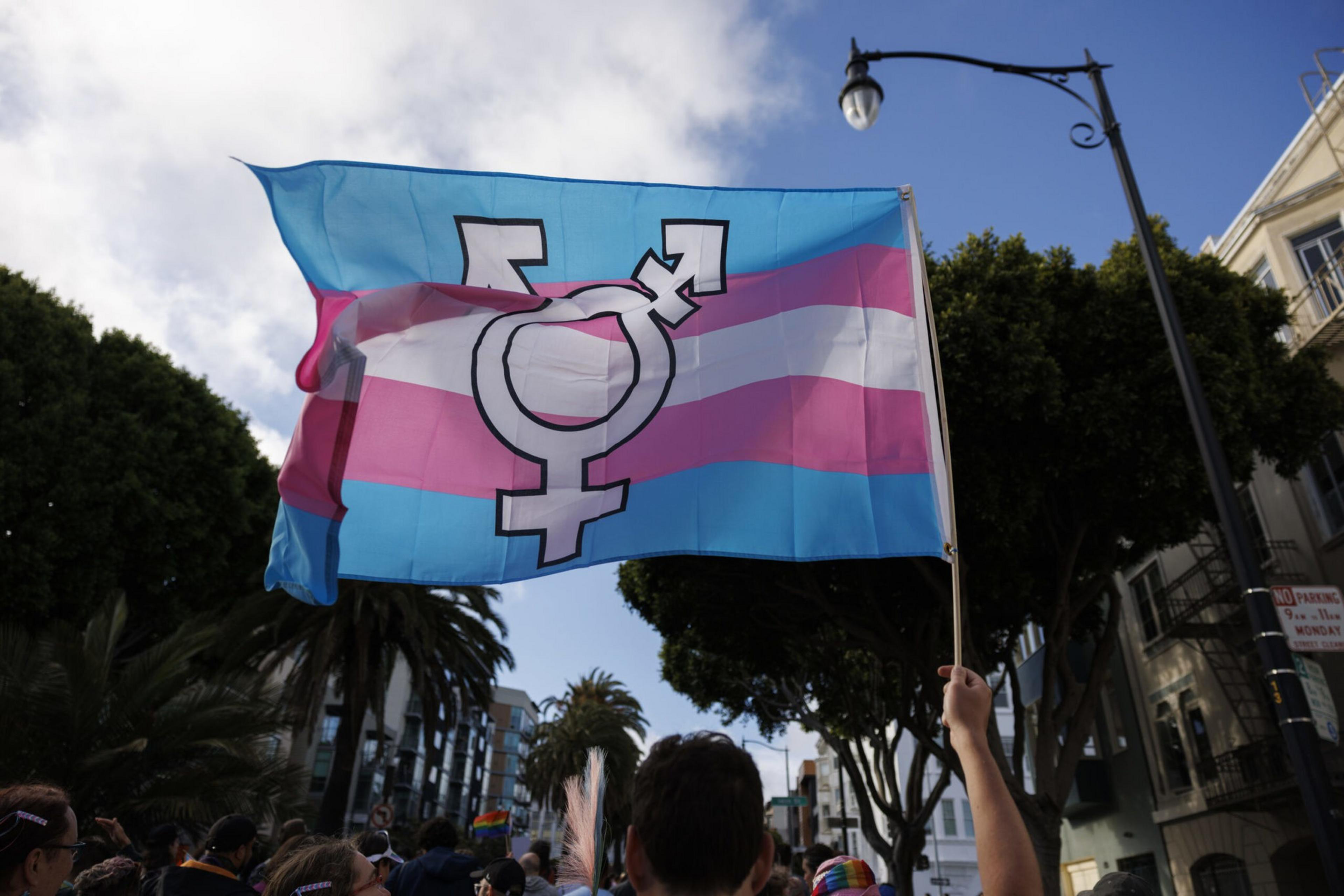 A Trans March participant holds the Trans flag emblazoned with the transgender symbol, in San Francisco, on June 23, 2023.