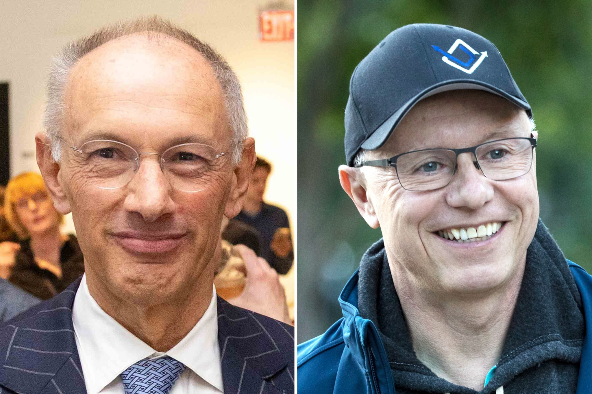 An older man in a suit and glasses smiles slightly on the left, while a younger man wearing glasses, a cap, and a jacket smiles broadly on the right.