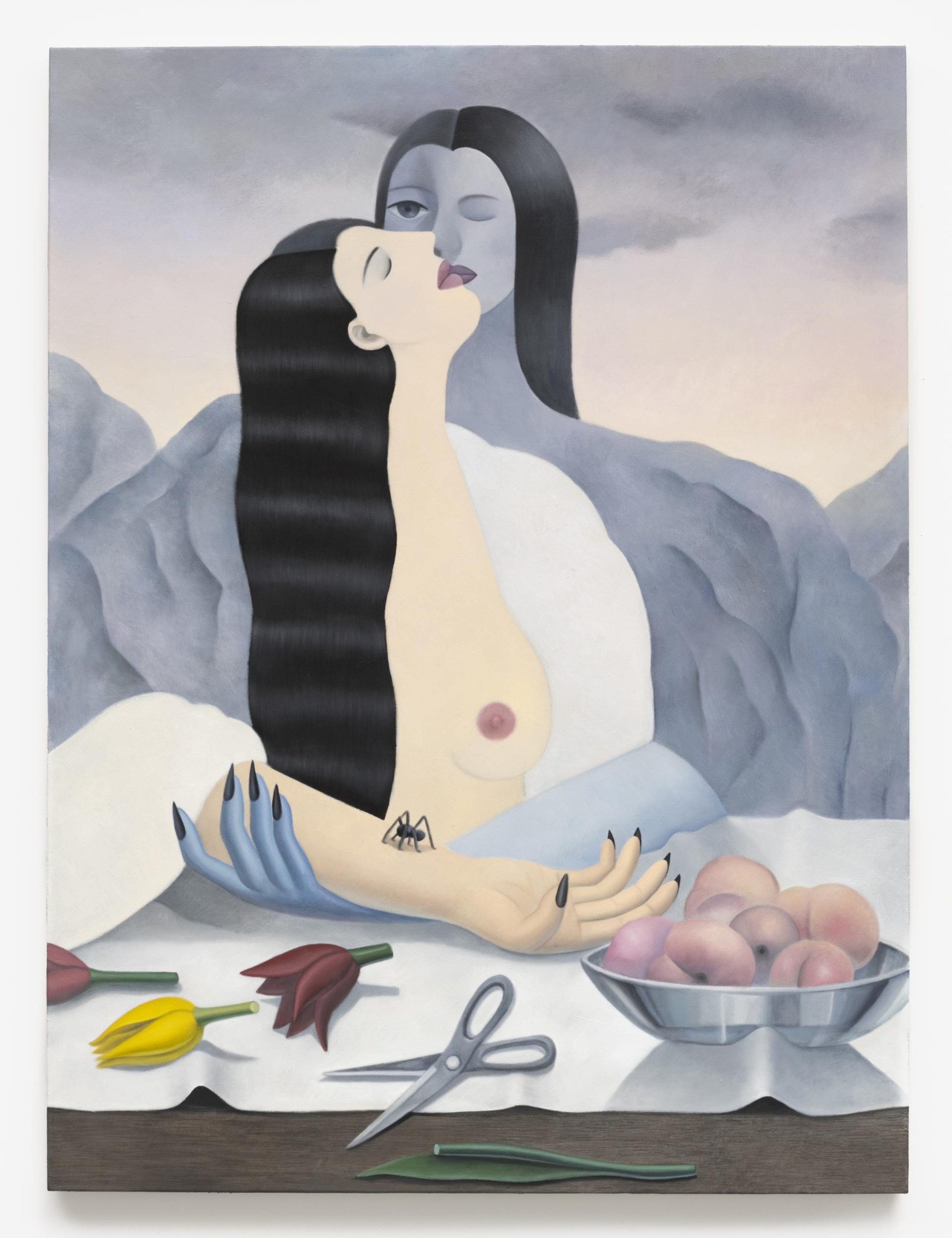 A surreal figure merges a pale nude woman with a blue-skinned, clawed hand holding her, surrounded by flowers, scissors, and a bowl of peaches.