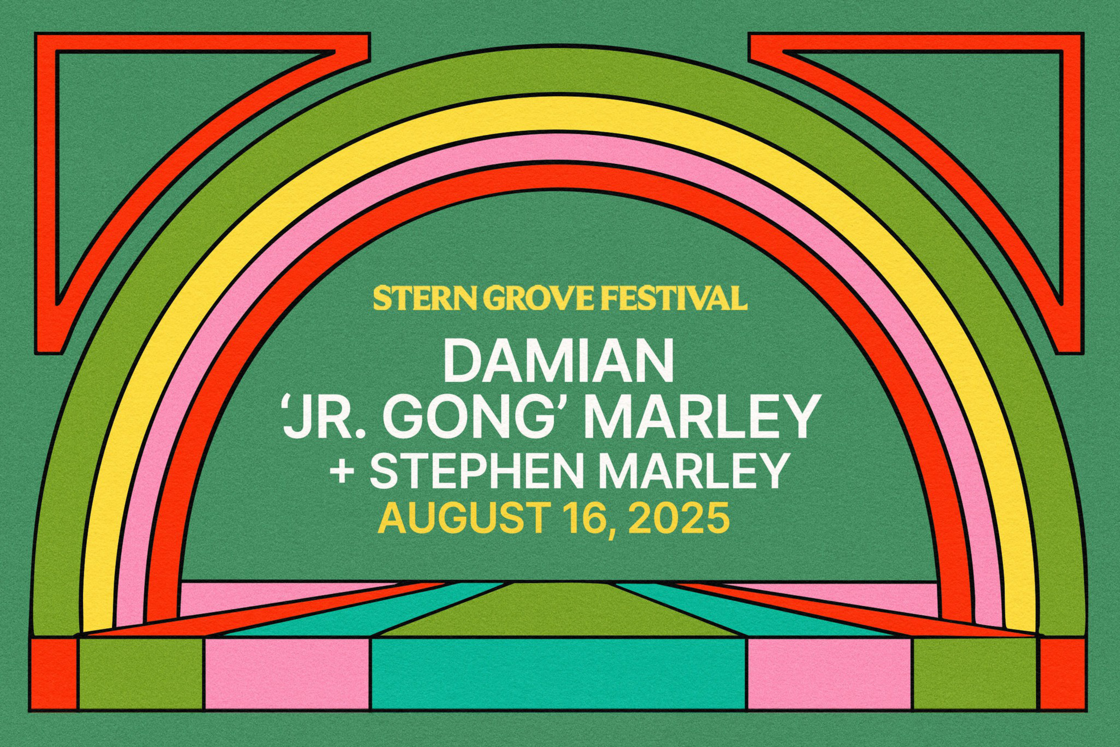 Stern Grove Festival featuring Damian 'Jr. Gong' Marley and Stephen Marley on August 16, 2025, with colorful geometric arch designs on a green background.