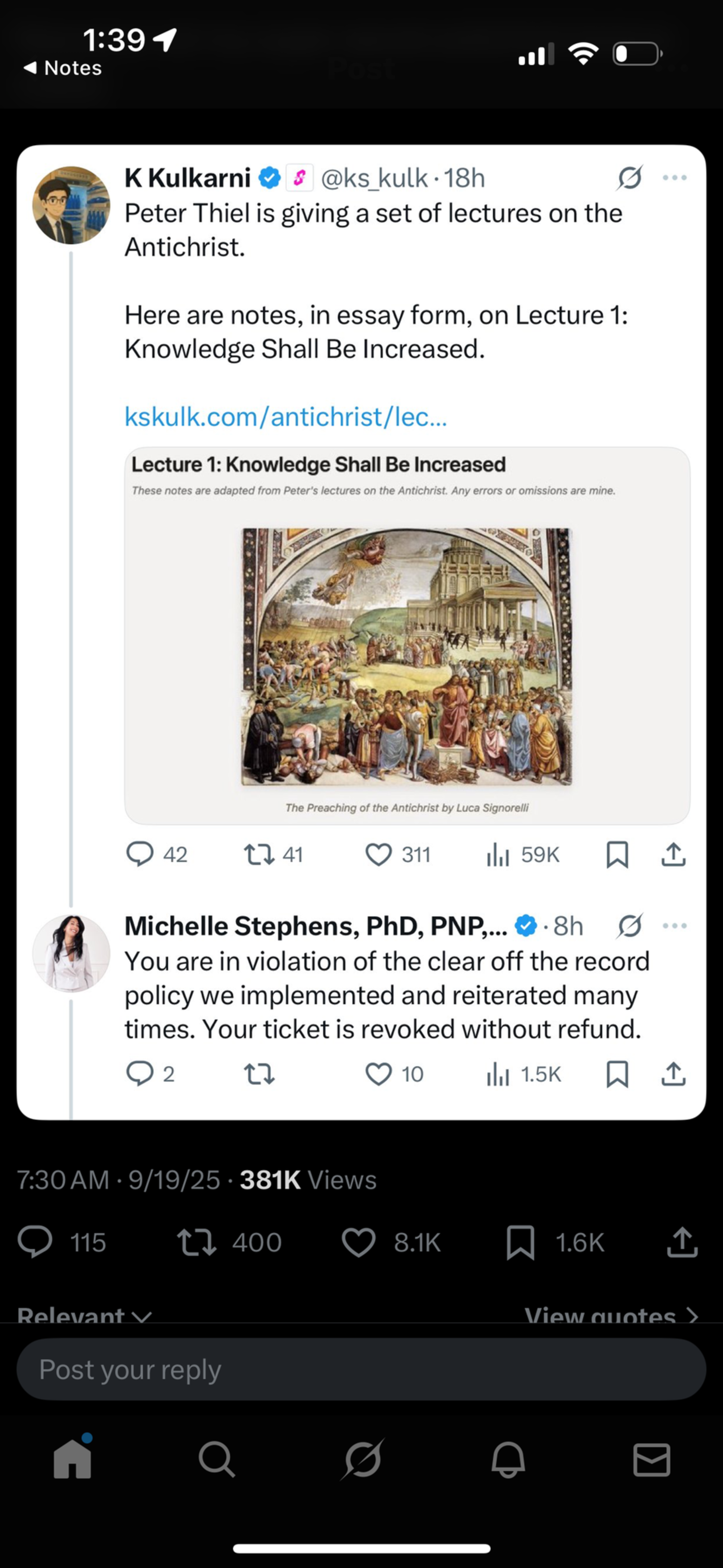 K Kulkarni shares notes on Peter Thiel’s lecture about the Antichrist, titled “Knowledge Shall Be Increased,” with a responding comment about a policy violation.