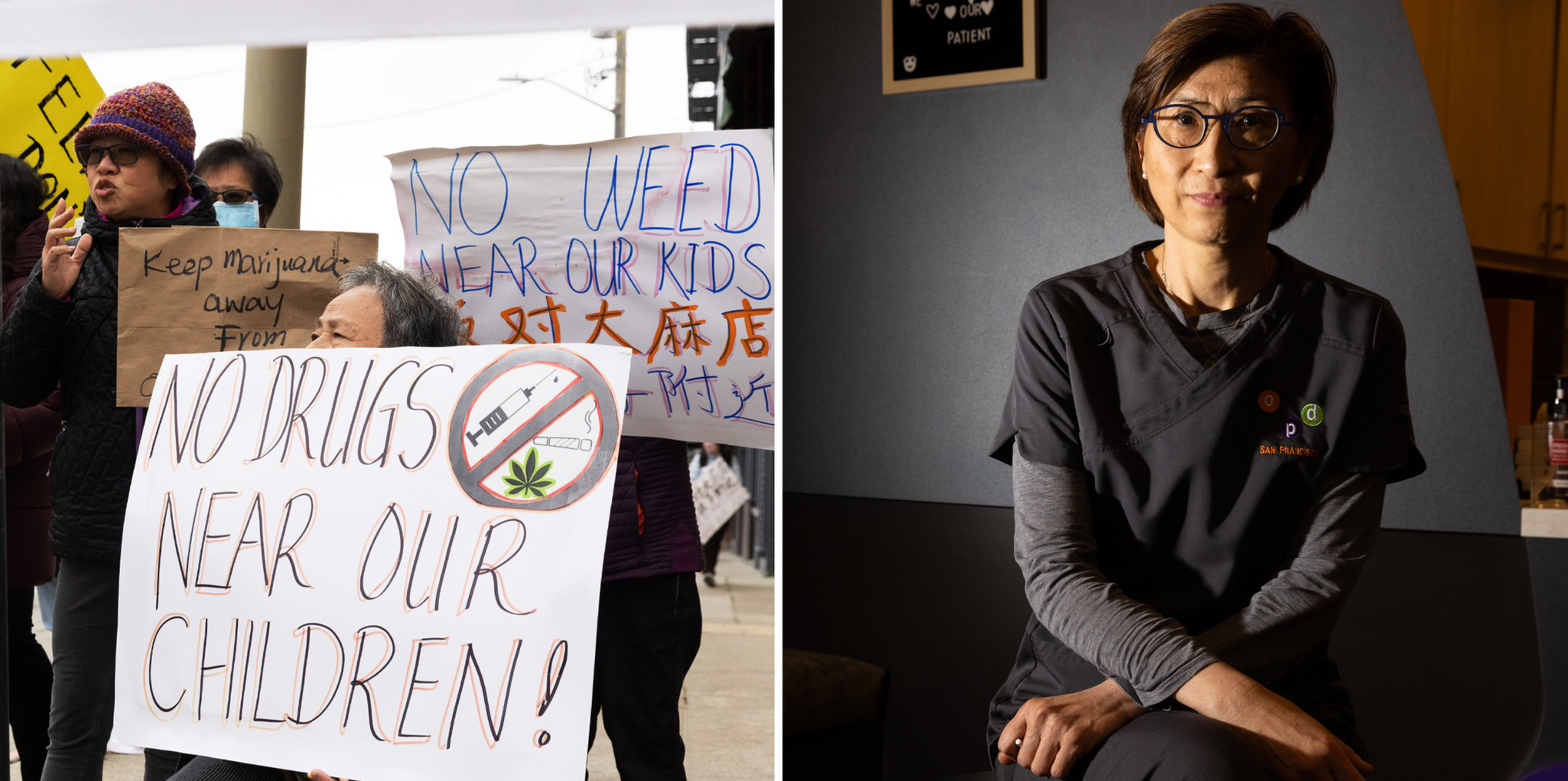Protesters hold signs saying "No drugs near our children" and "No weed near our kids," while a medical professional sits with a serious expression in a dimly lit room.