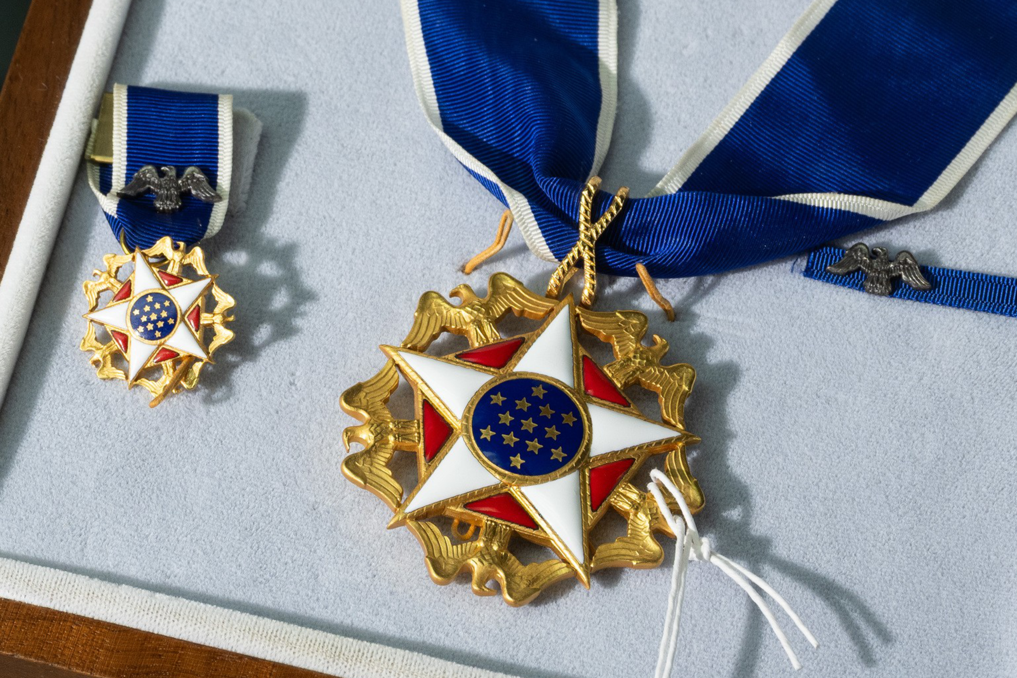A gold medal with a white and red star, blue circle with stars at its center, attached to a blue ribbon with a small silver eagle clasp, displayed in a case.