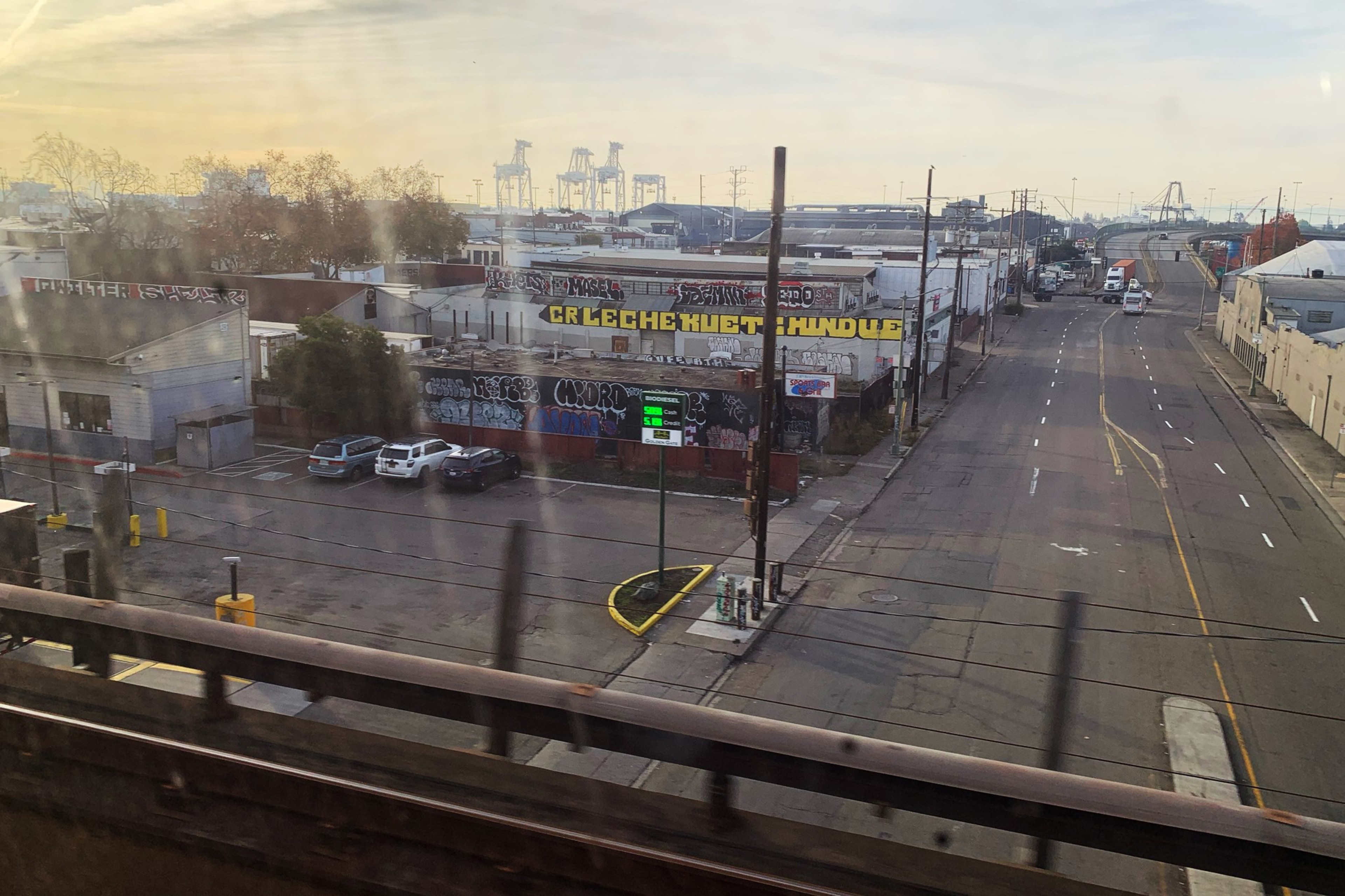 A view of a streetscape  in an industrial area of Oakland. 