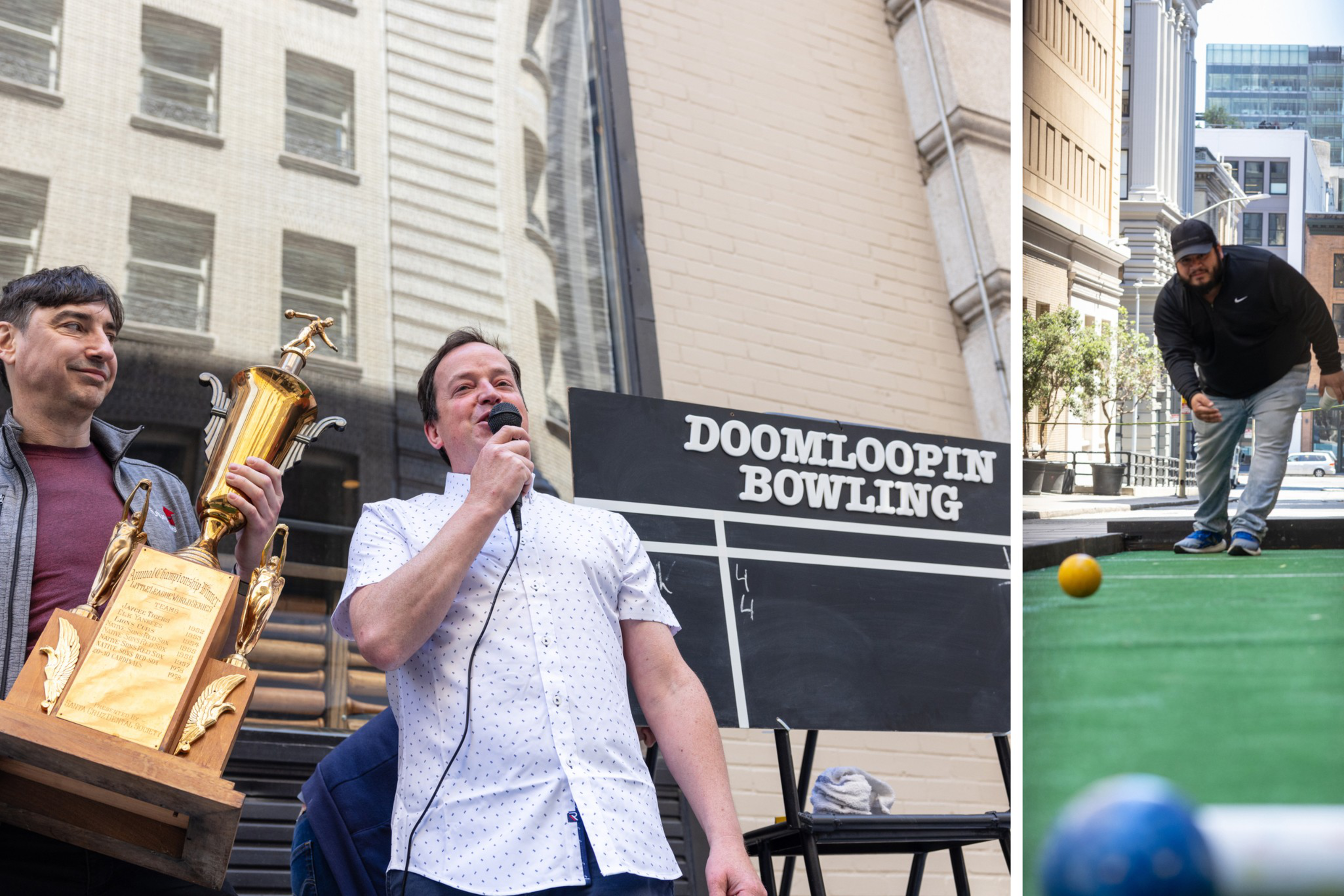 A man speaks into a microphone next to a large trophy and scoreboard labeled "Doomloopin Bowling," while another man rolls a yellow ball on a green court.