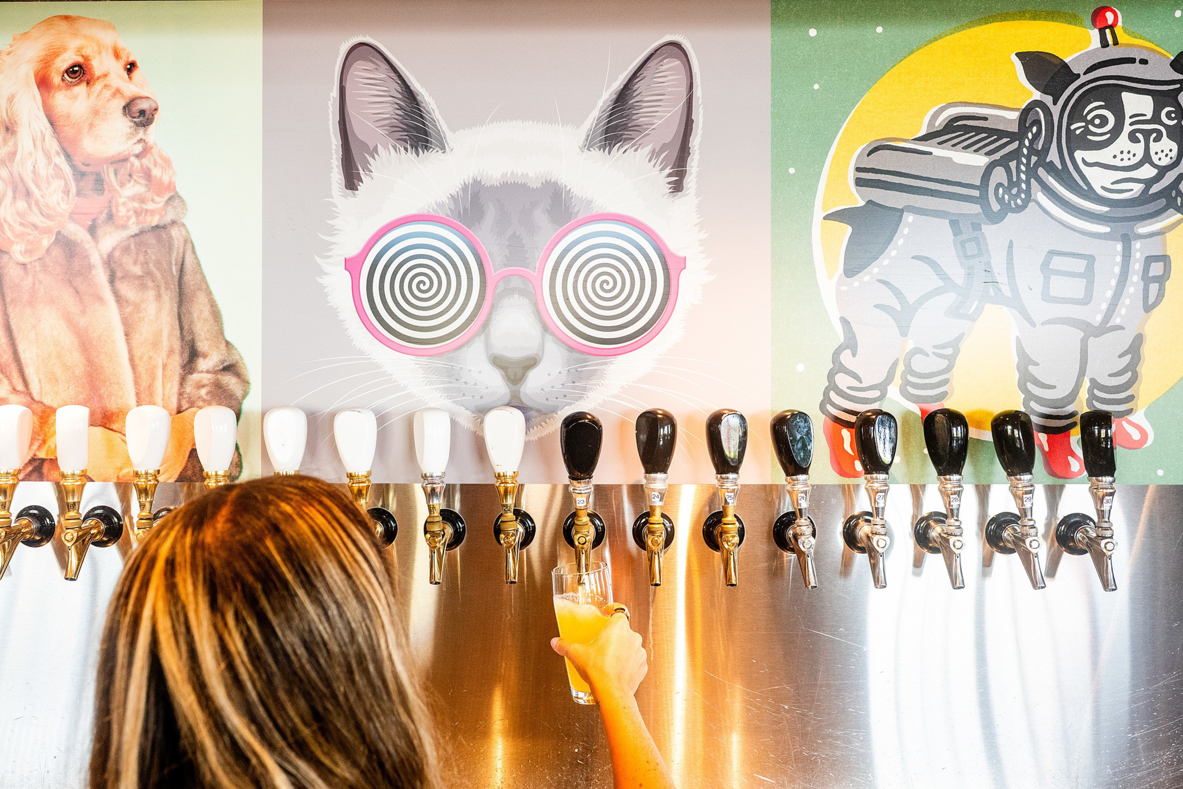 A person pours beer from one of many taps beneath colorful, playful animal illustrations on the wall, including a dog, hypnotized cat, and astronaut cat.