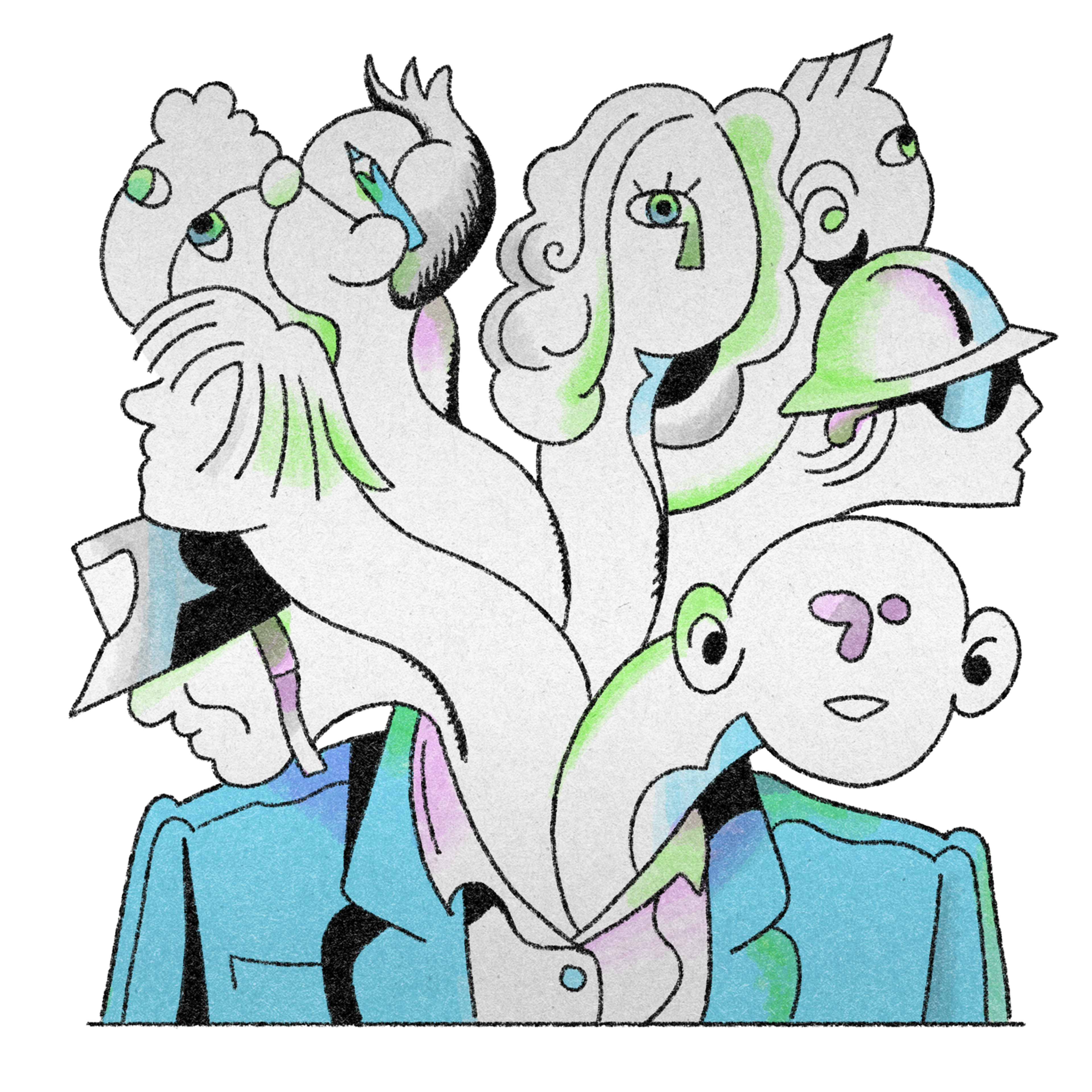 The image features an abstract, colorful illustration of multiple interconnected faces and figures, merging together with a playful, surreal style with pastel colors.