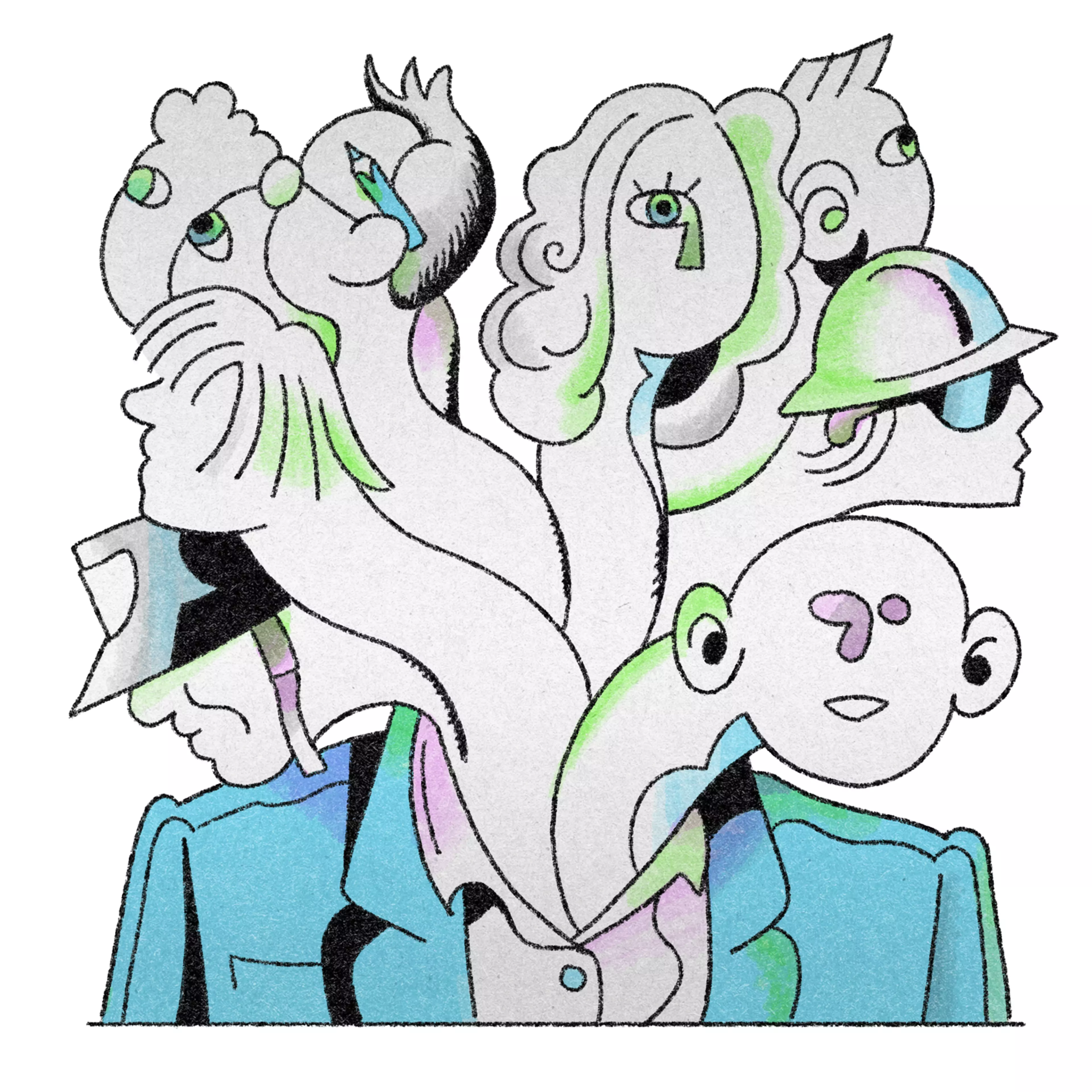 The image features an abstract, colorful illustration of multiple interconnected faces and figures, merging together with a playful, surreal style with pastel colors.