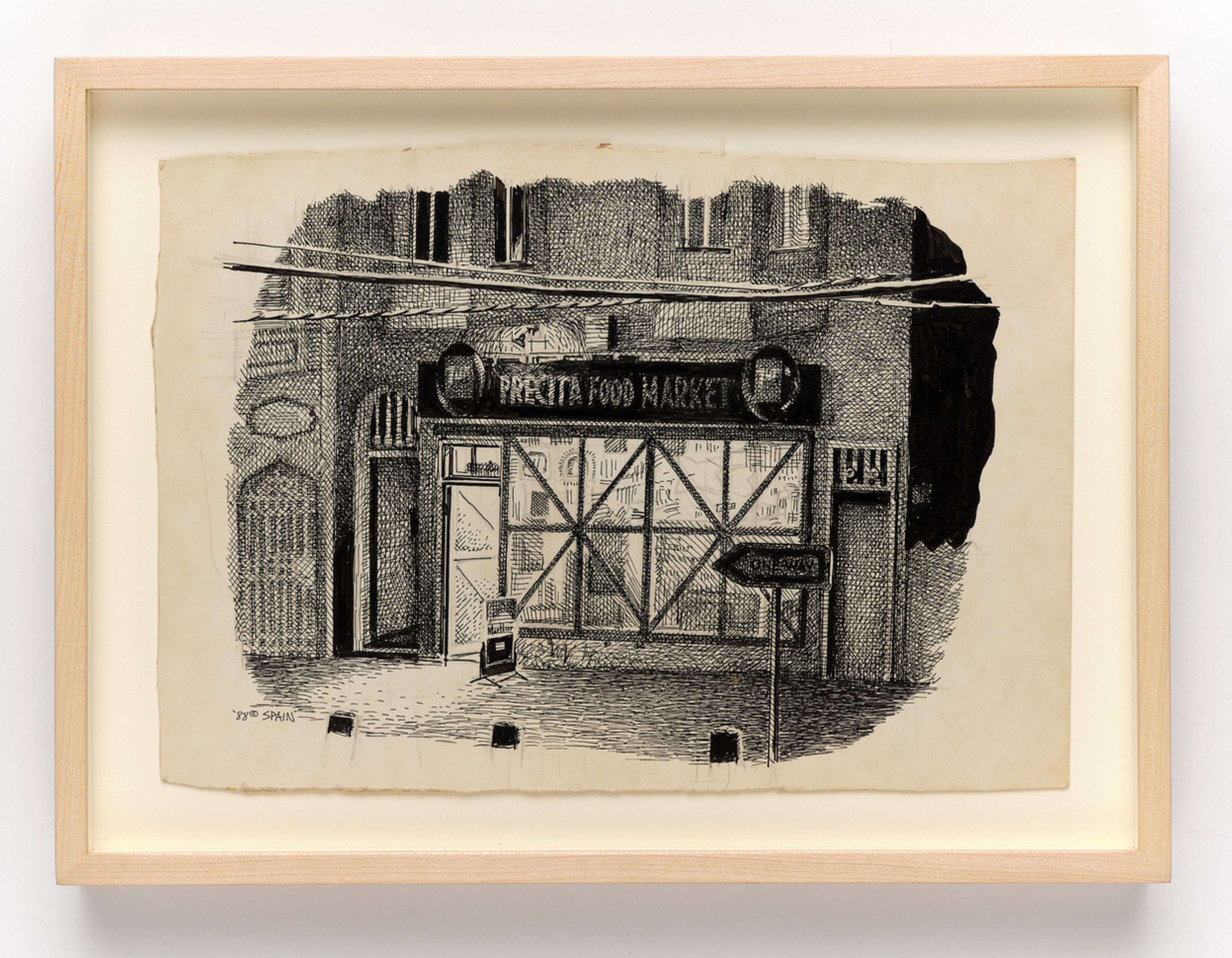 A framed black-and-white ink drawing depicts the front of a building labeled "Presto Food Market," with boarded-up windows and a signpost in front.