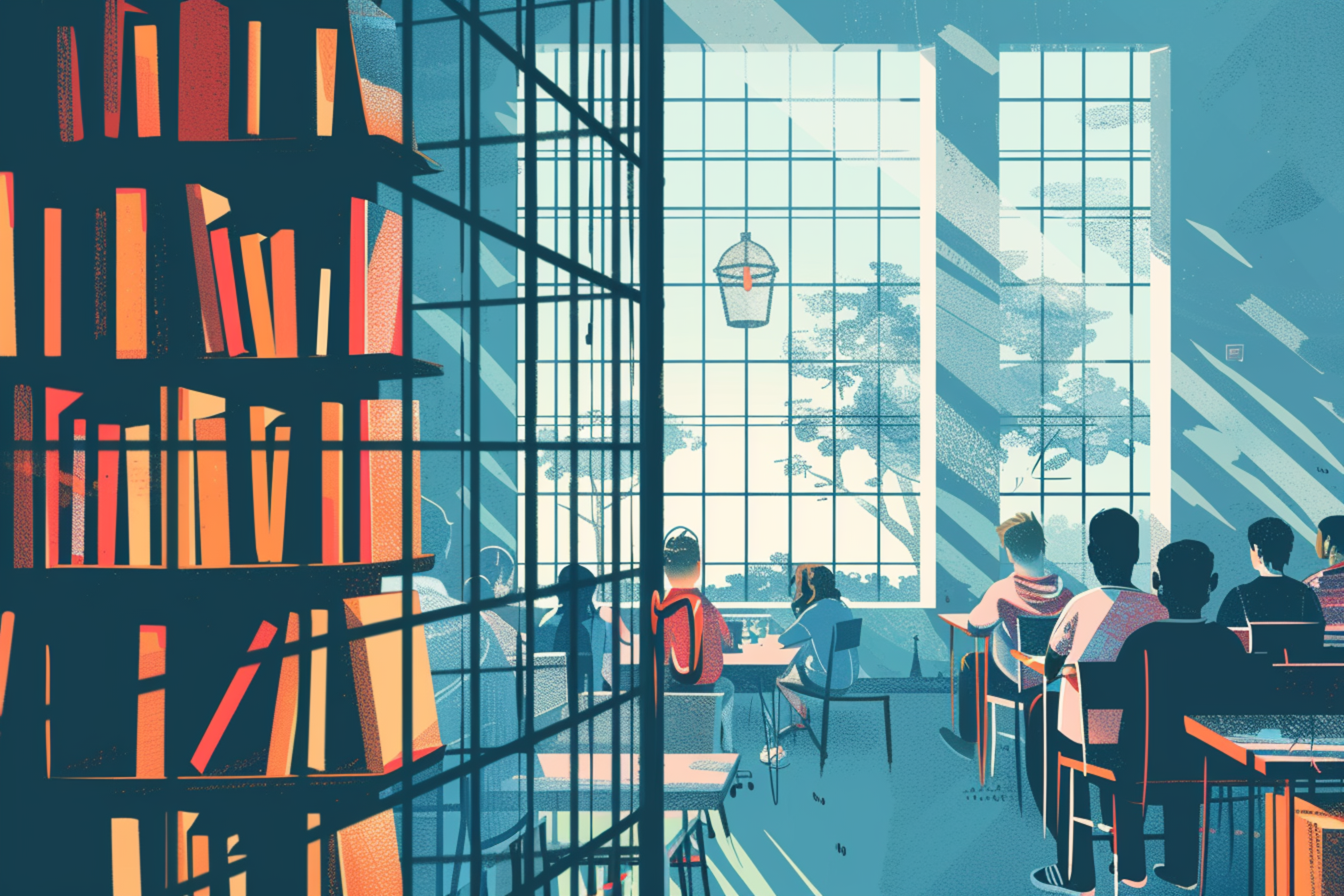 An illustrated library with students studying, large windows overlooking trees, and a tall bookshelf where books are locked in a cabinet.