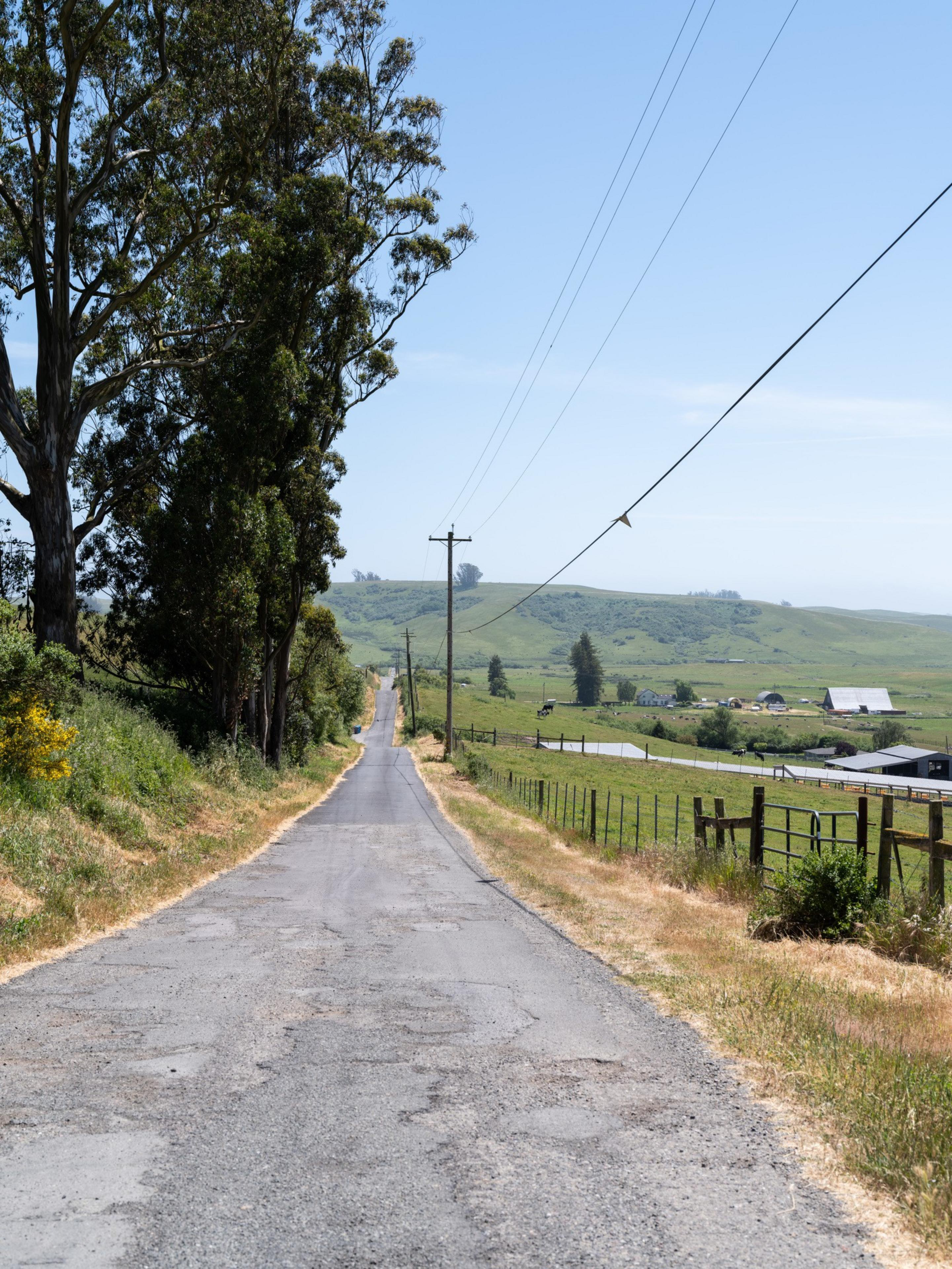 A narrow, paved country road stretches into the distance, flanked by trees and fencing. Fields and farmhouses are visible under a clear blue sky.