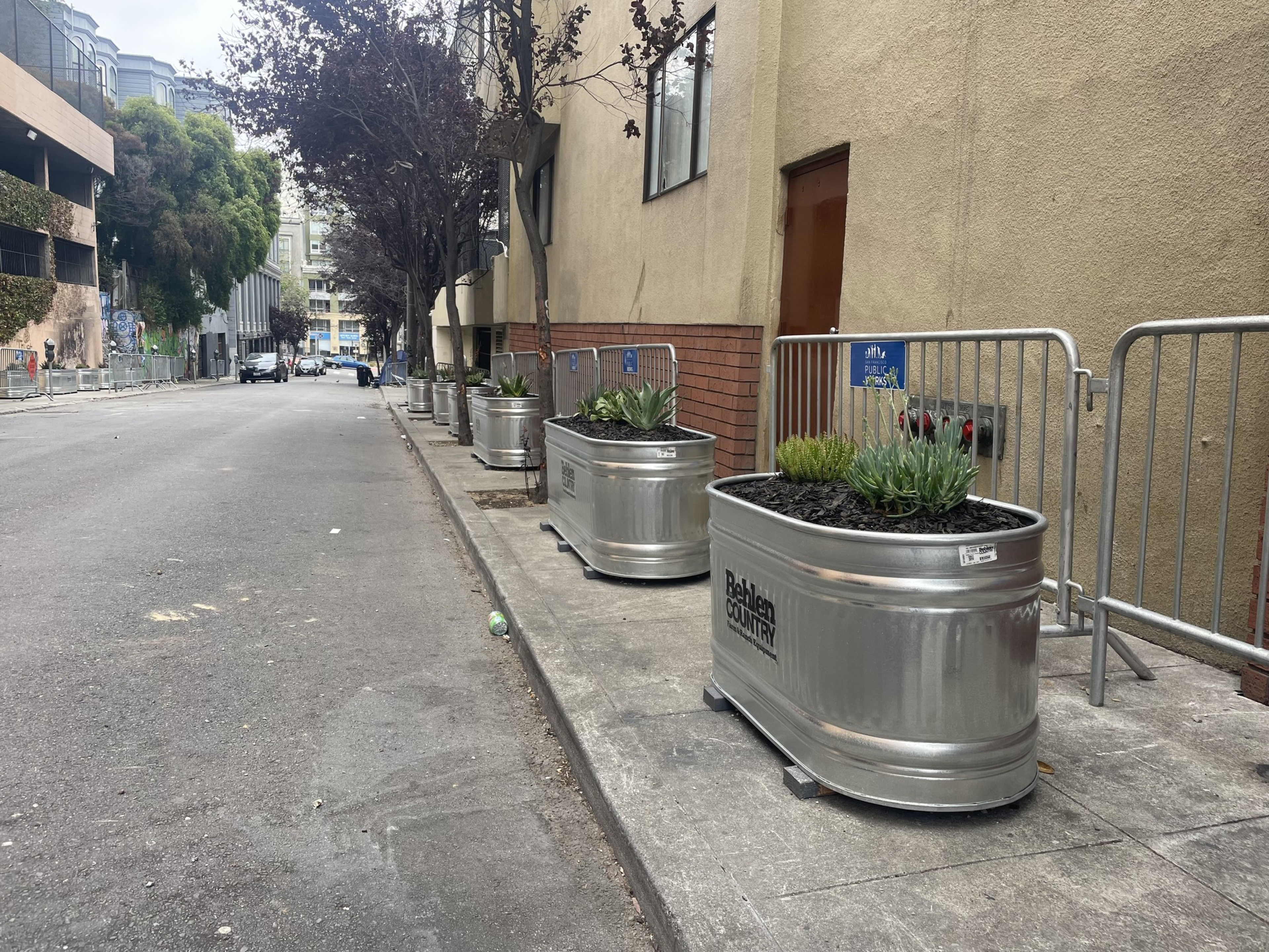 Steel tanks filled with succulents fill the sidewalks.
