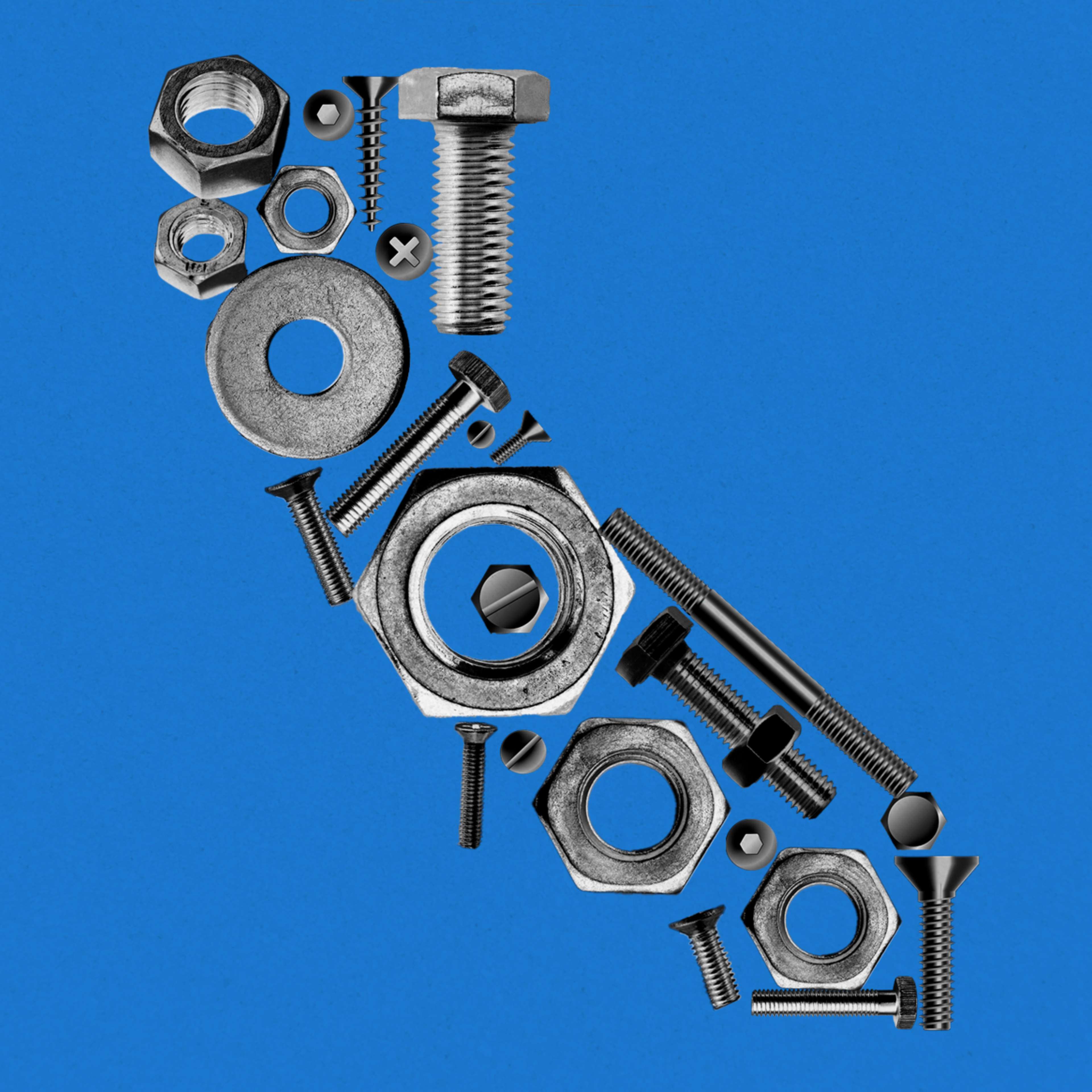 The image shows various metal nuts, bolts, and screws arranged to form the shape of California on a blue background.
