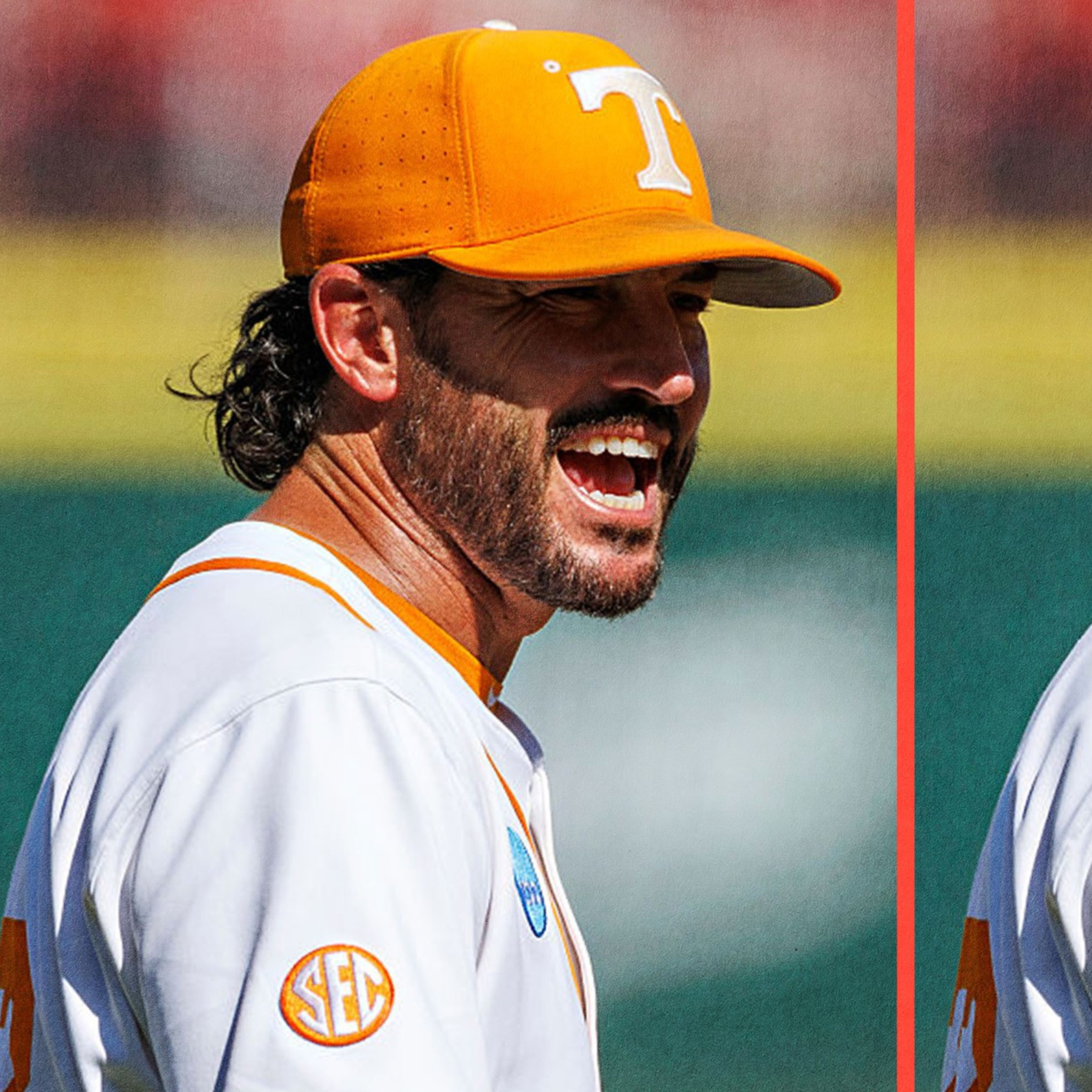 A baseball player in a white jersey and orange cap smiles widely, with images of gloves and hands gripping bats in red and black along the left side.