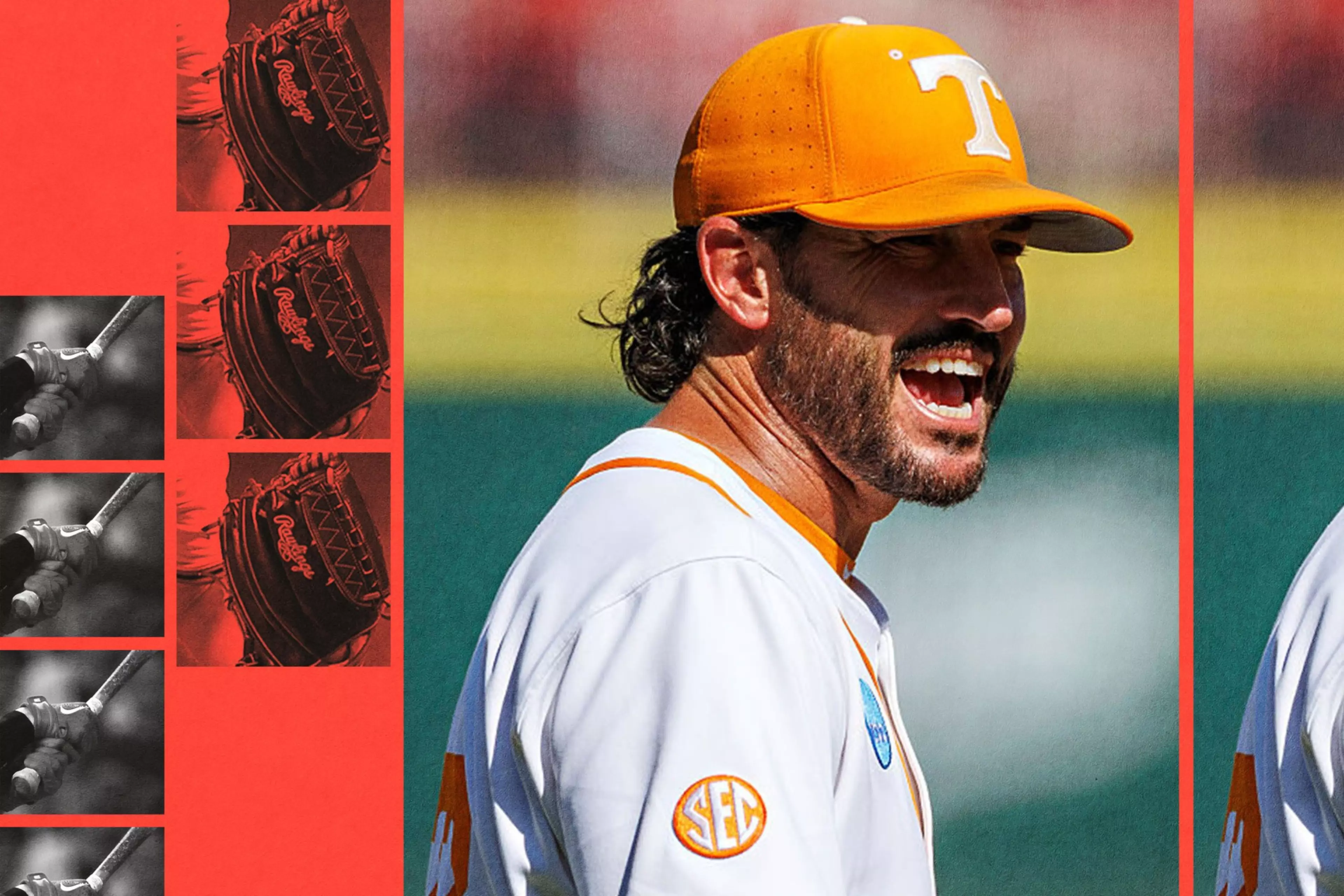 A baseball player in a white jersey and orange cap smiles widely, with images of gloves and hands gripping bats in red and black along the left side.