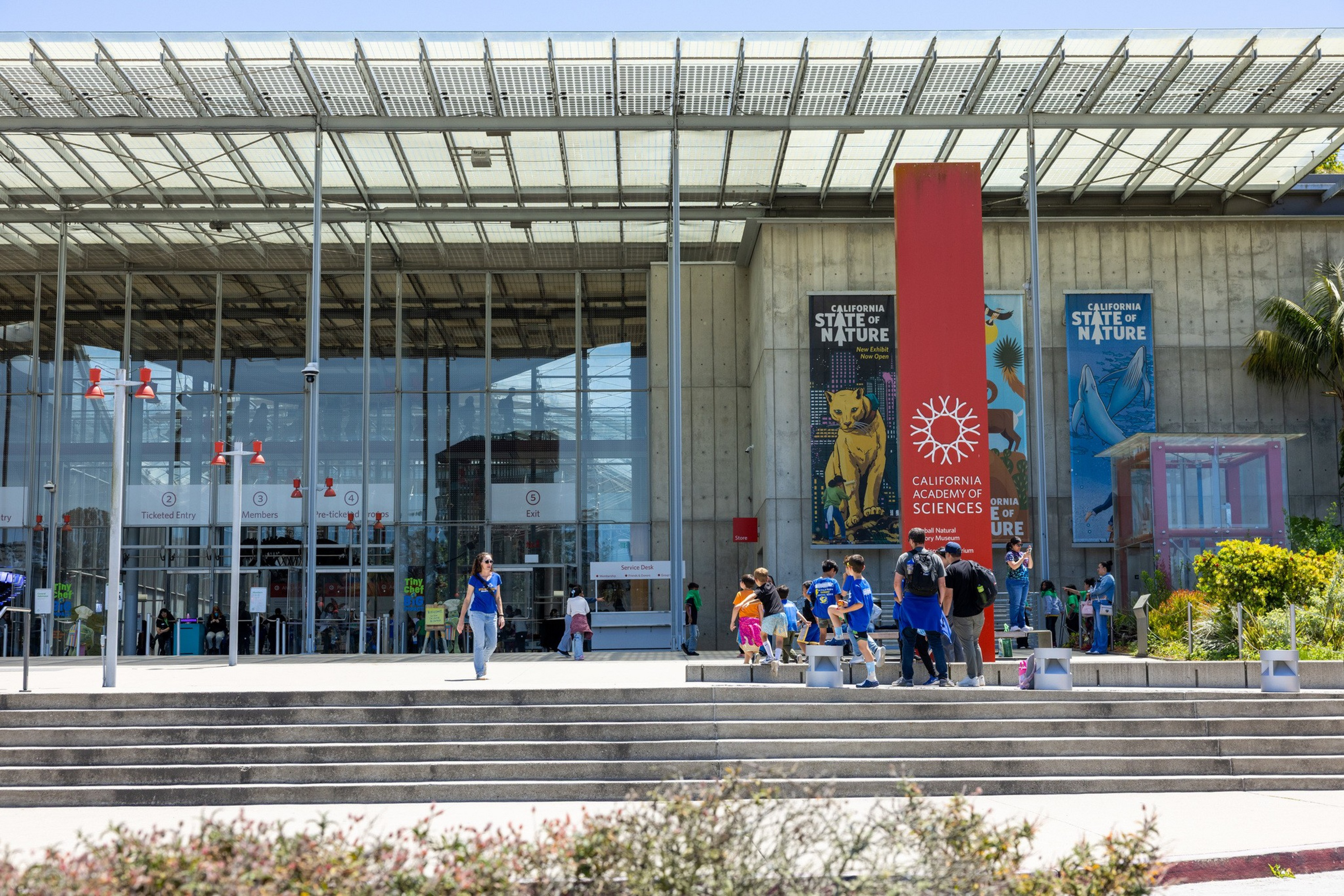 A group of people, including children in blue shirts, gather near the entrance of the California Academy of Sciences on a sunny day.