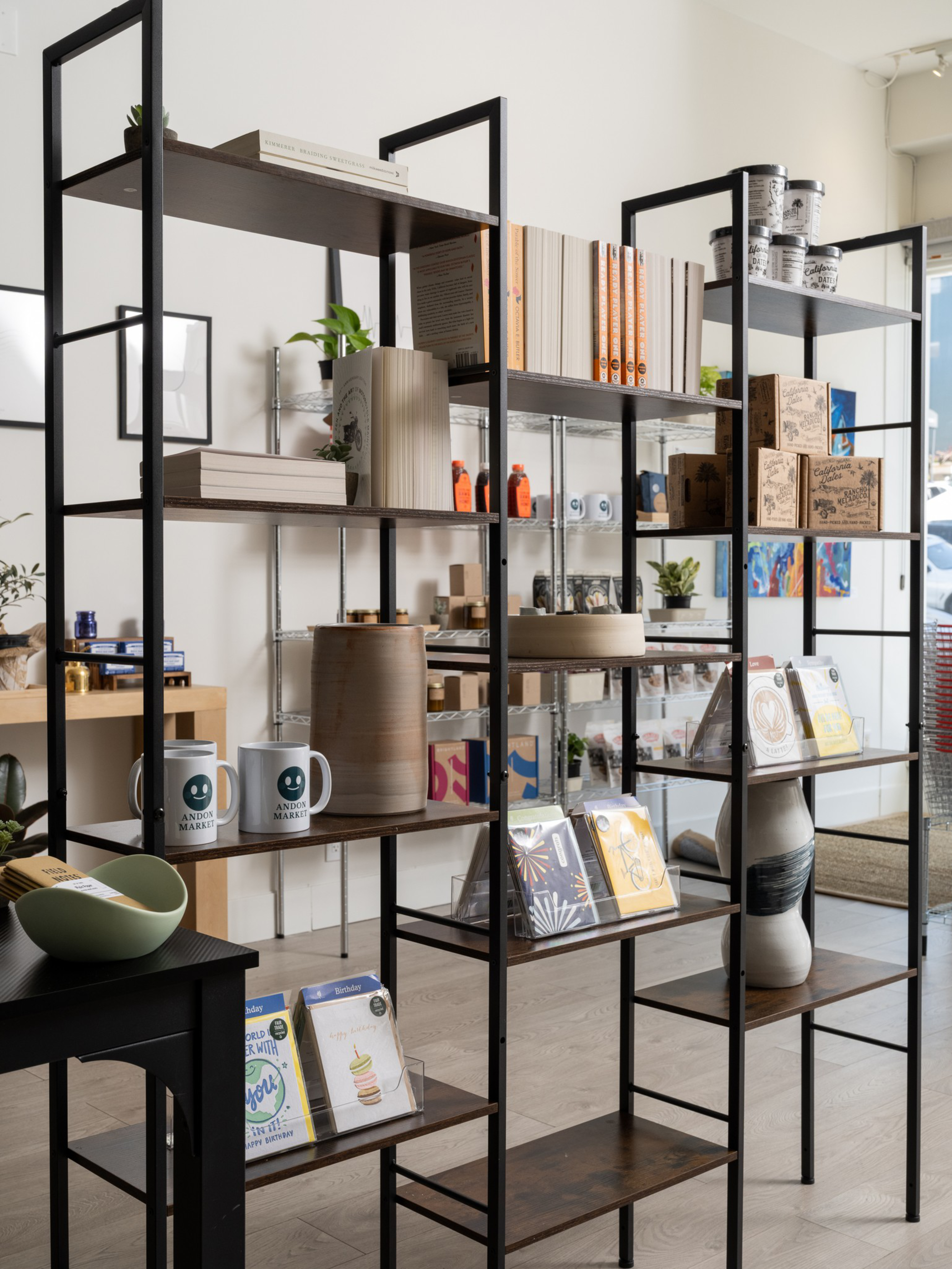 Black metal and wood shelves hold books, mugs, pottery, potted plants, boxes, and assorted small items in a bright, modern store space.