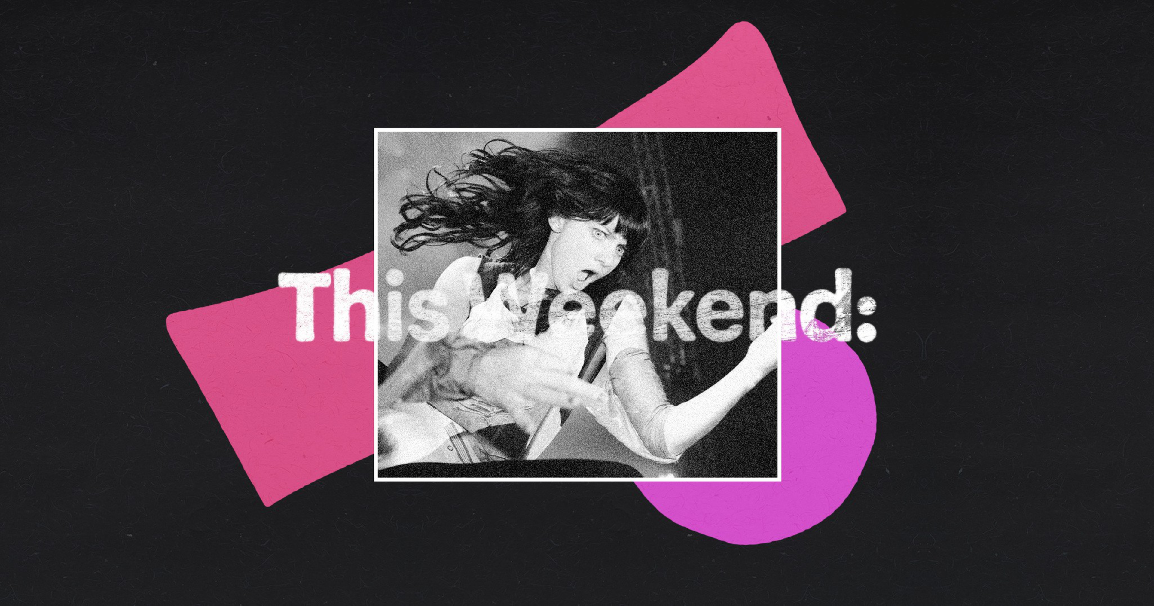 A black-and-white photo of a person with long hair in motion, singing or shouting passionately with an arm extended forward.