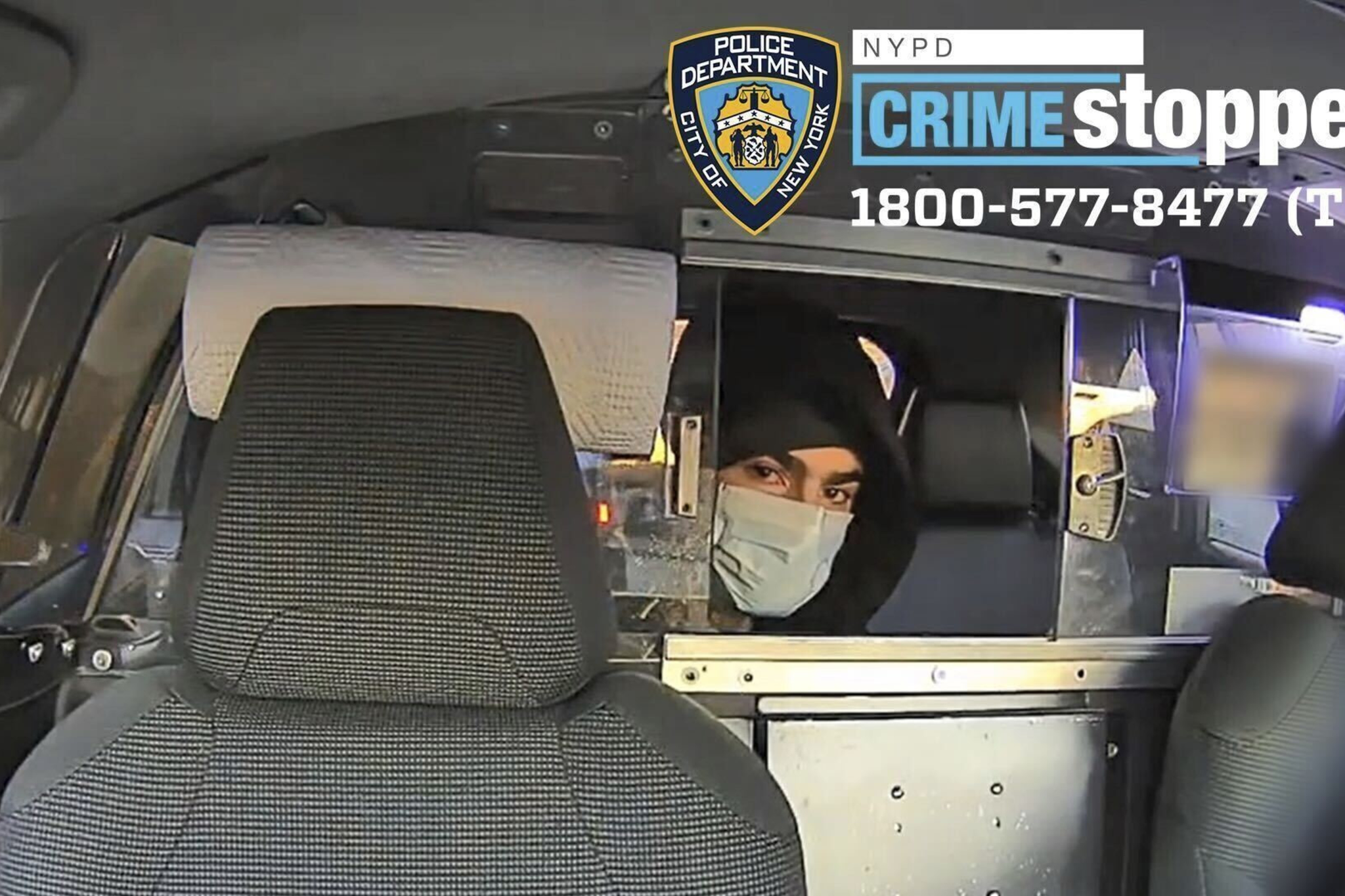 A masked individual in dark clothing is seen in the backseat of a vehicle with a divider. The NYPD Crimestoppers contact info is displayed at the top.