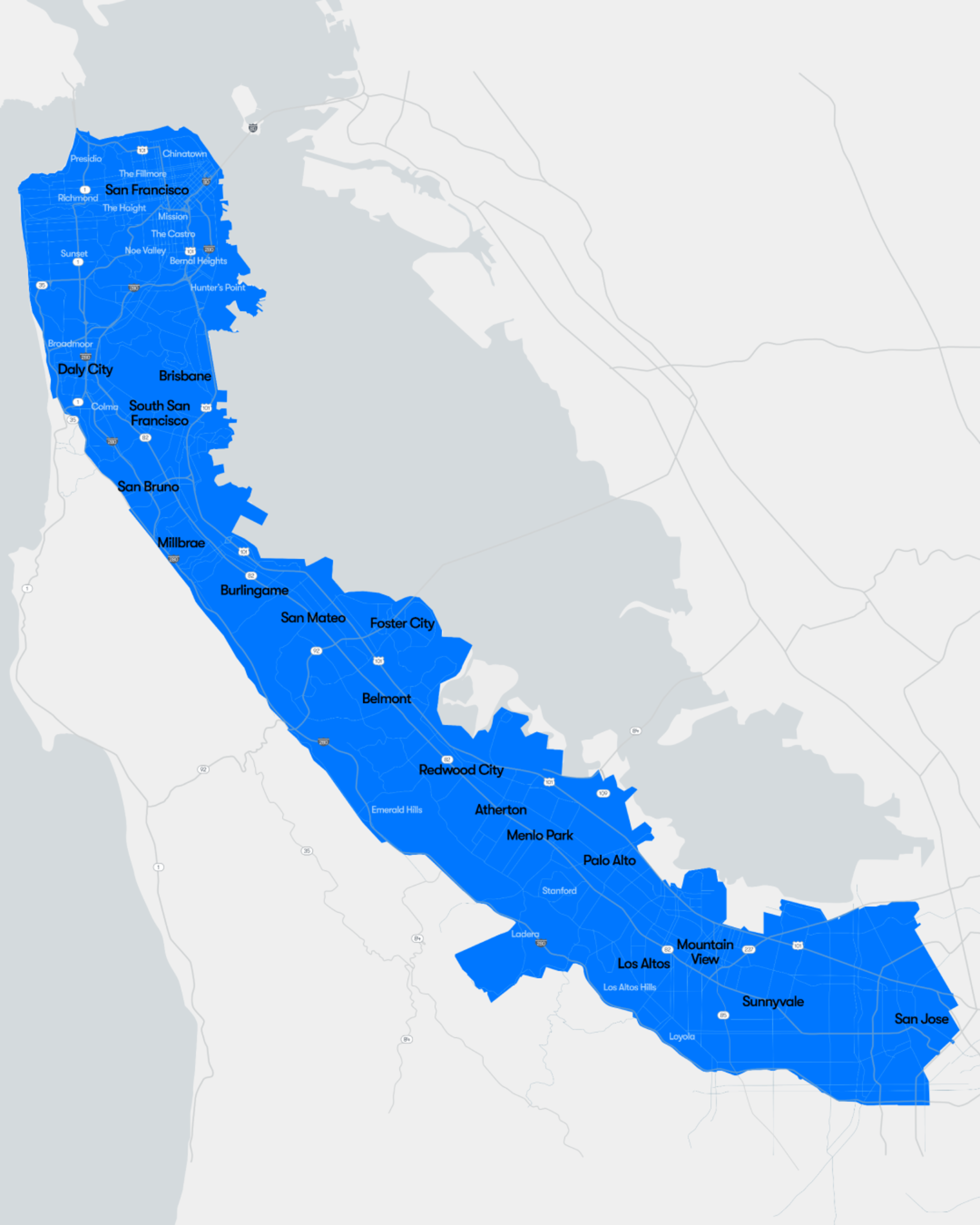 San Francisco Bay Area highlighted in blue, displaying cities from San Francisco to San Jose, including Daly City, Palo Alto, Mountain View, and Sunnyvale.