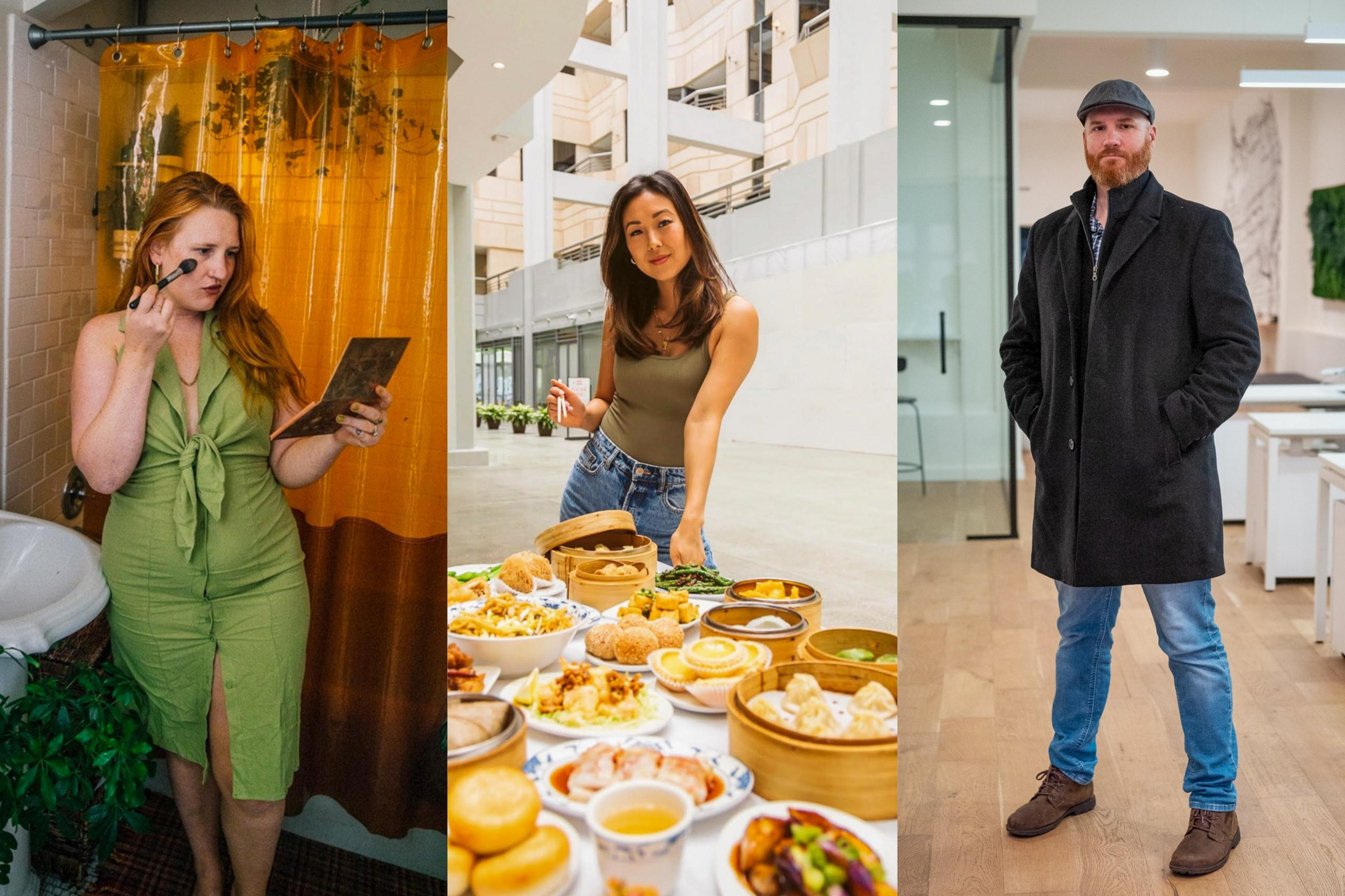In a composite image of three separate photographs, a woman in a green jumpsuit applies makeup, another serves food, and a man stands, wearing a coat and hat.