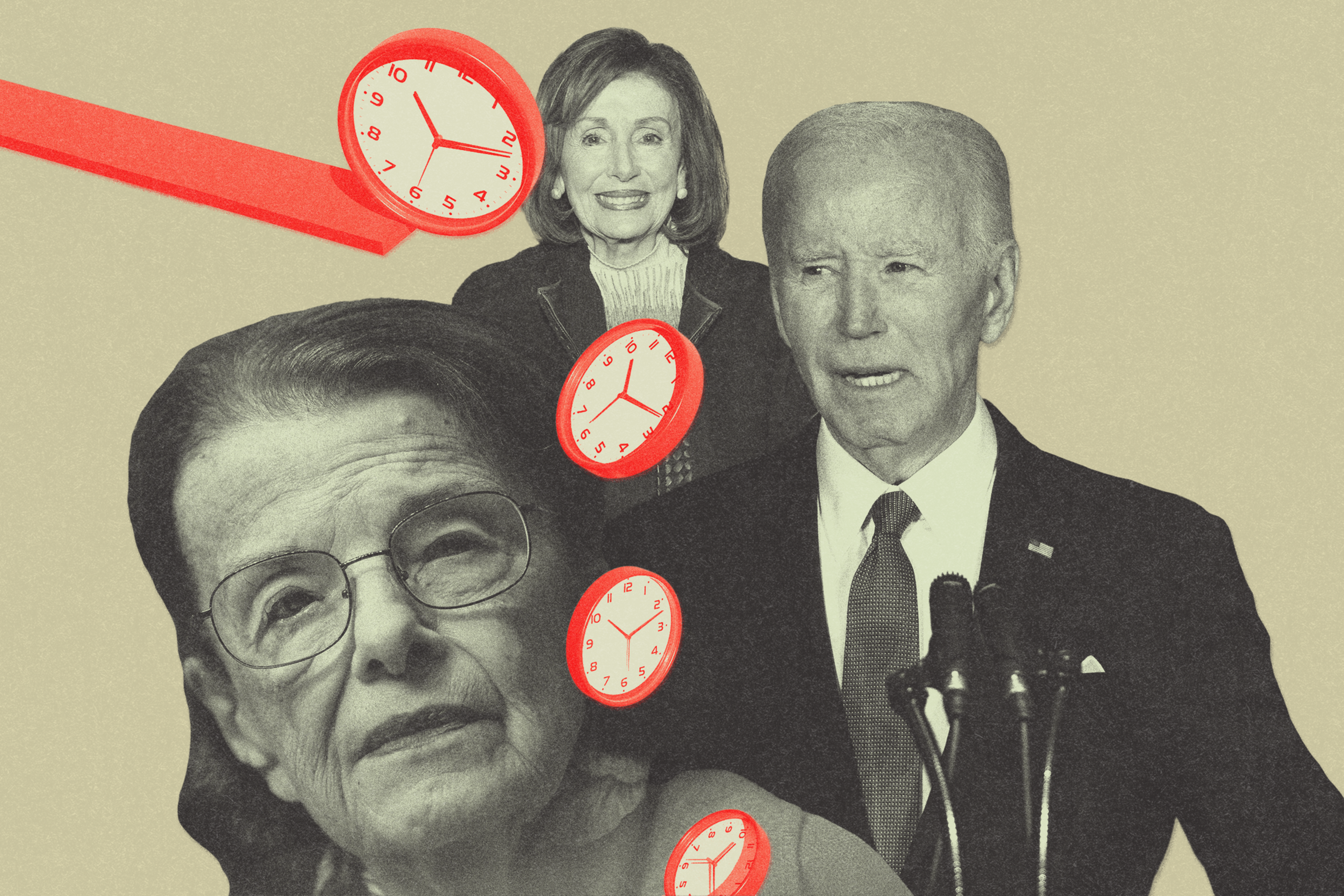 The image shows three prominent figures overlaid with multiple red clocks, conveying a theme of time or urgency.