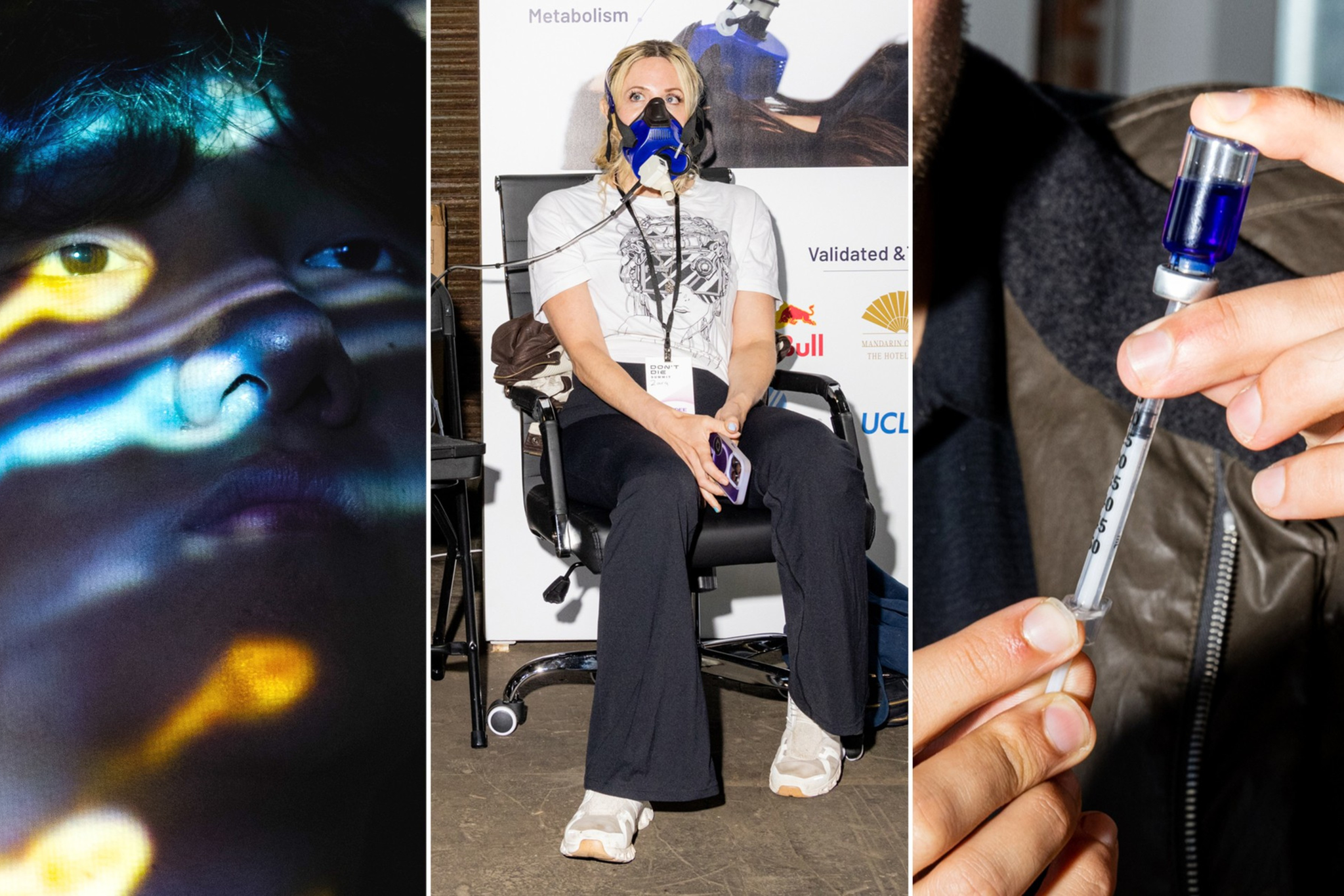 A person’s face illuminated with colorful light patterns, a woman wearing a breathing mask sitting in a chair, and hands filling a syringe with blue liquid.