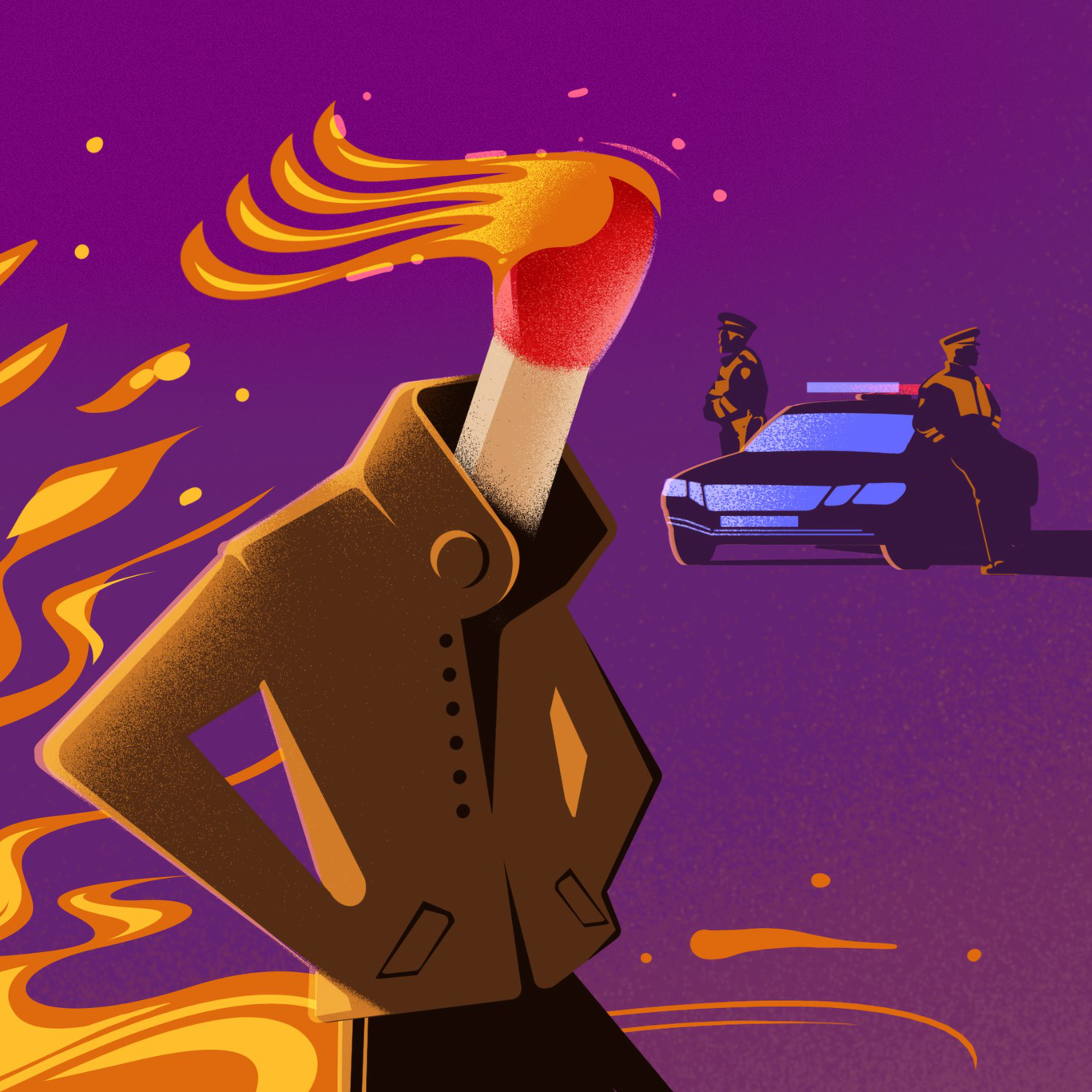 An illustration of a man walking with flames behind him